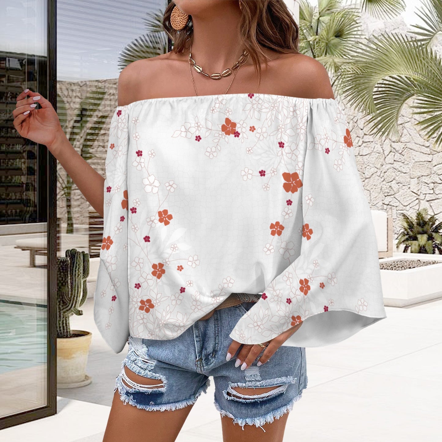 Off Shoulder Trumpet Sleeve Blouse Blossom Cloud Crackle