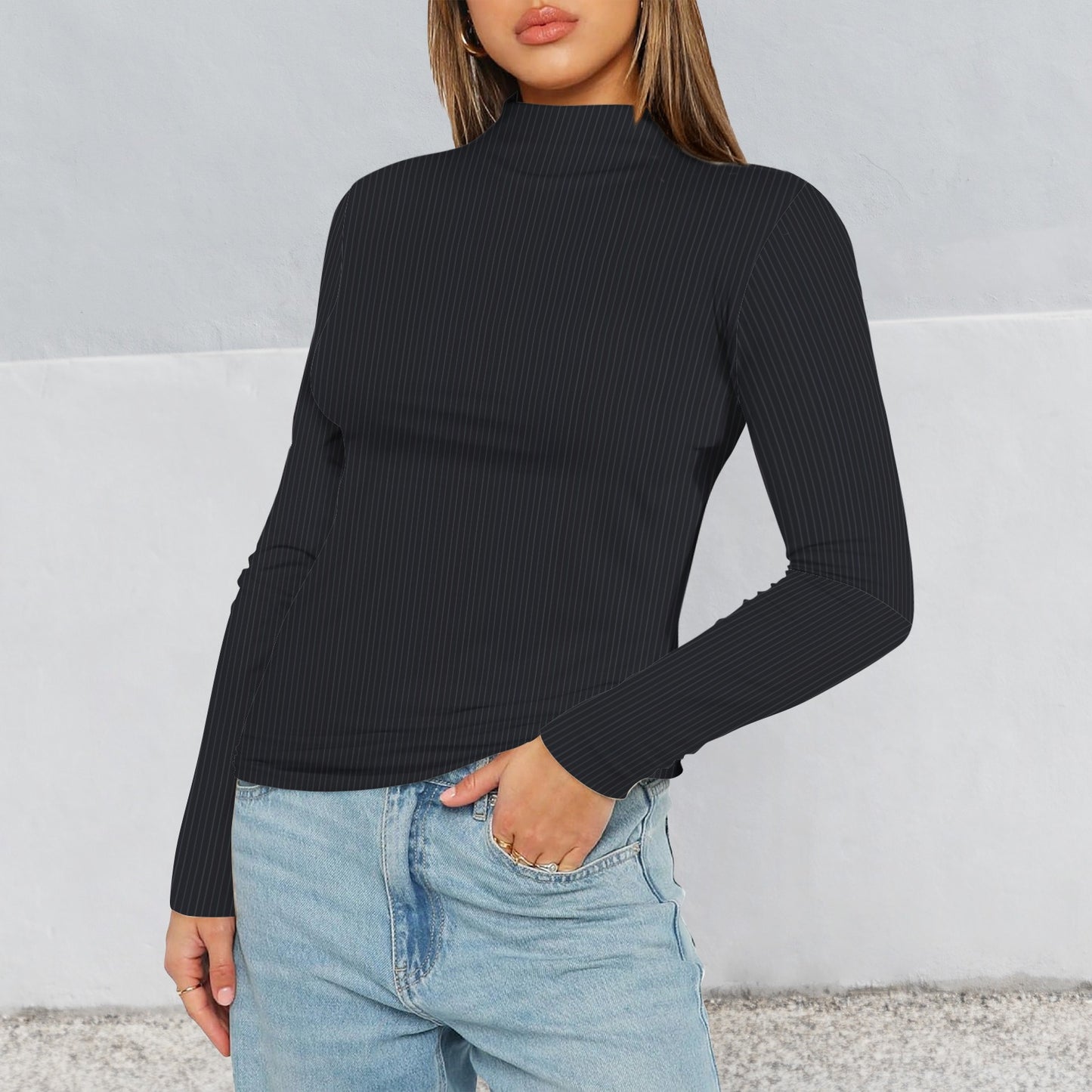 Turtleneck Slim Long Sleeve T-Shirt Midnight Pinstripe