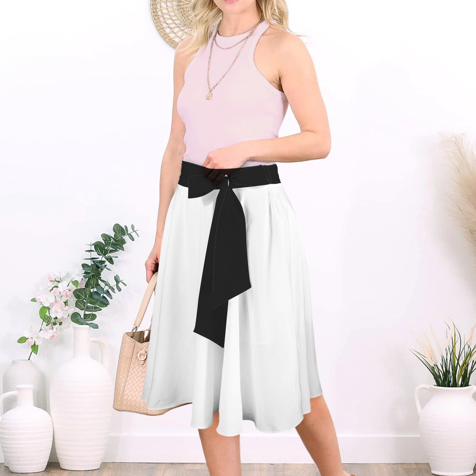 High Waist Bowknot Front A-line Skirt White with Black Bow