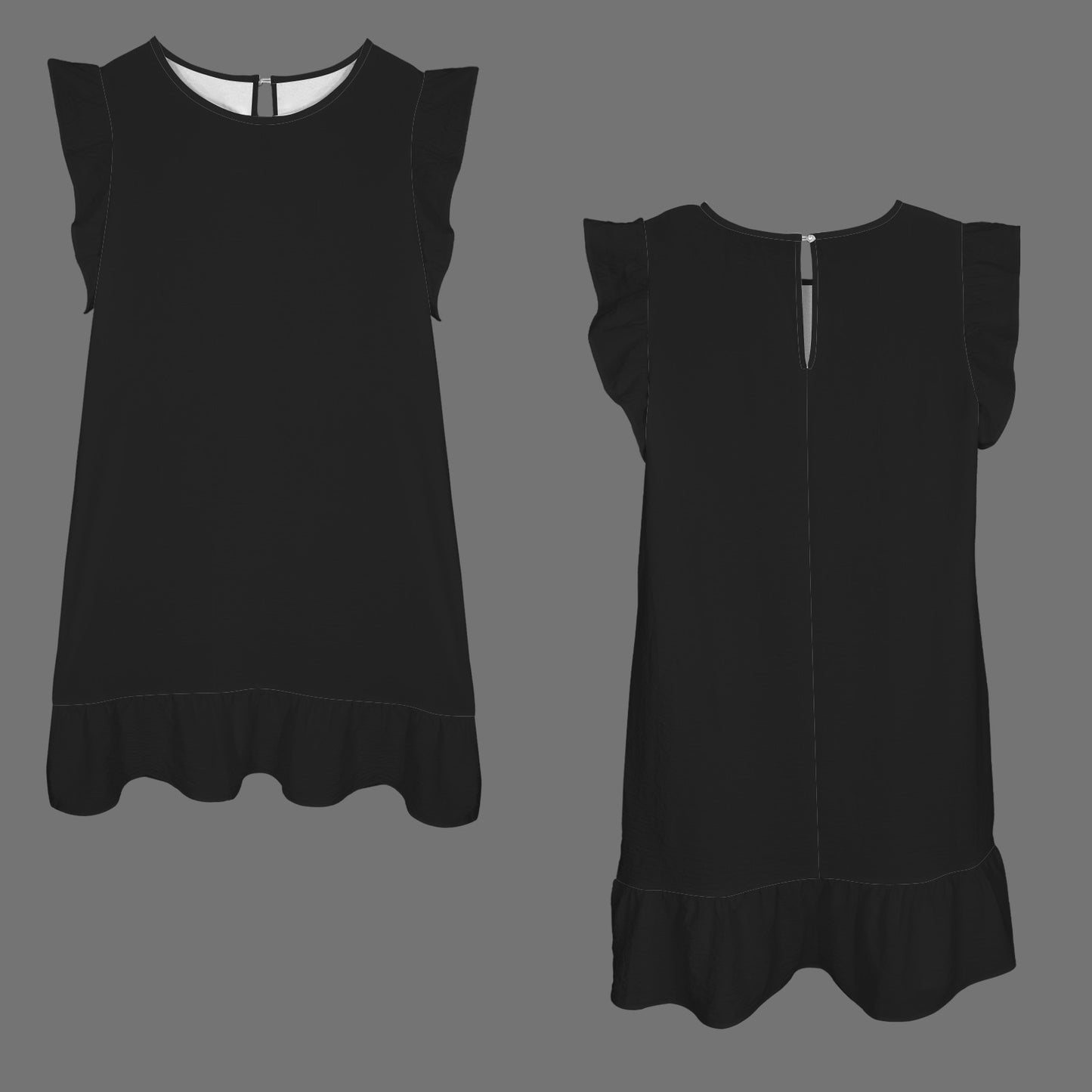 Round Neck Ruched Sleeve Ruffle Hem Dress Black