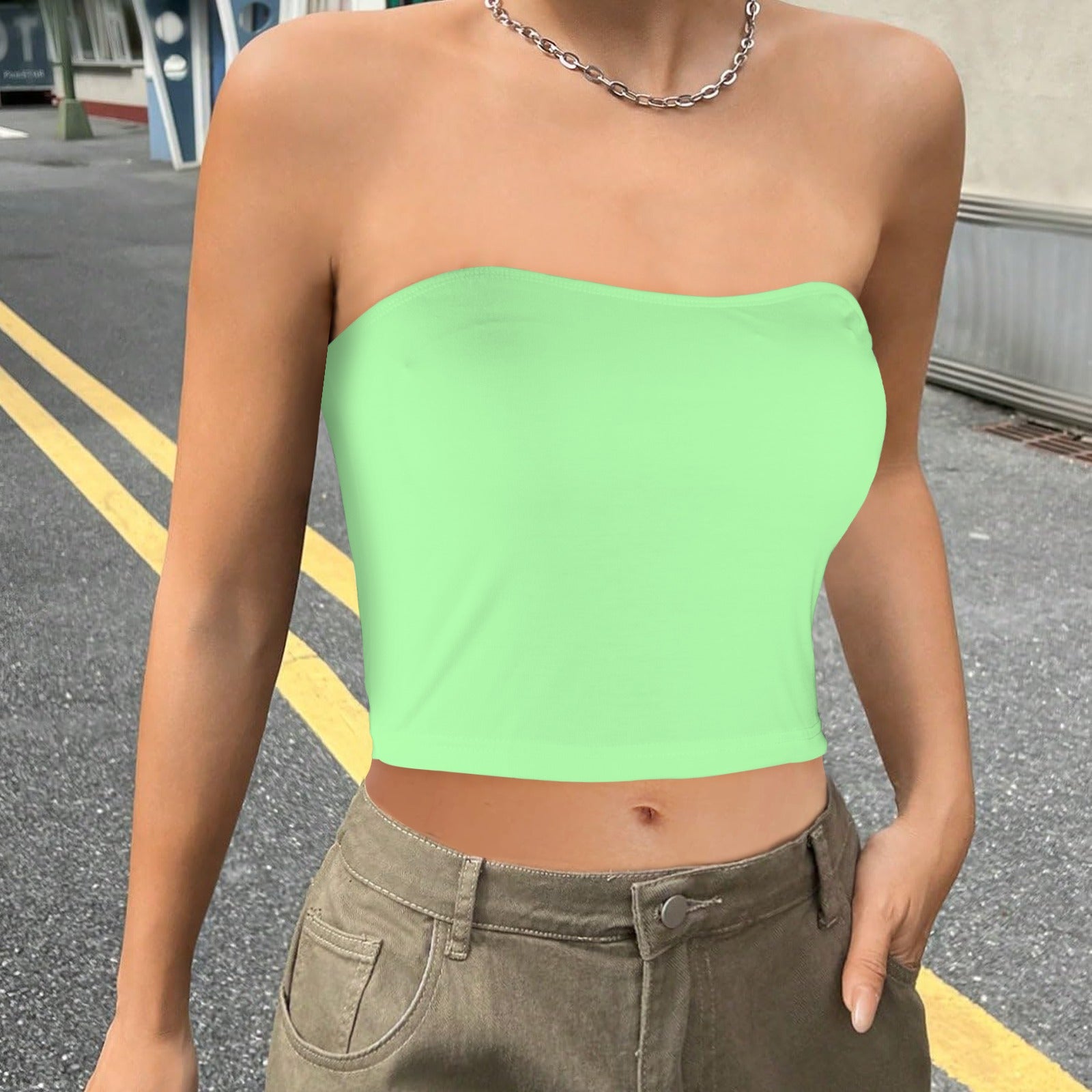 Light Green Basic Backless Tube Crop Top