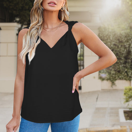 V-Neck Knotted Sleeveless Tank Tops Black