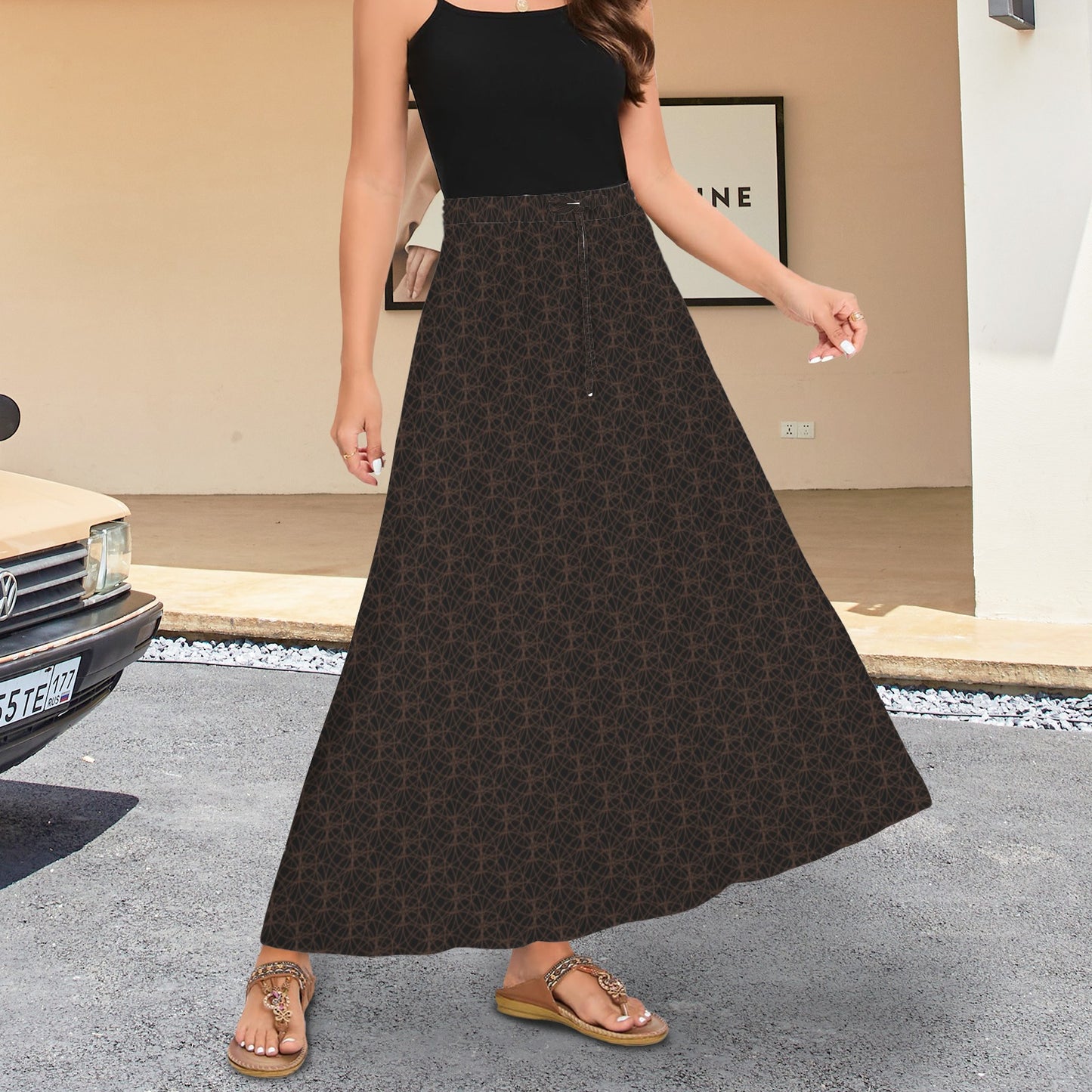 Drawstring Pocket Maxi Skirt Dark Black Brown Circle Geo Print