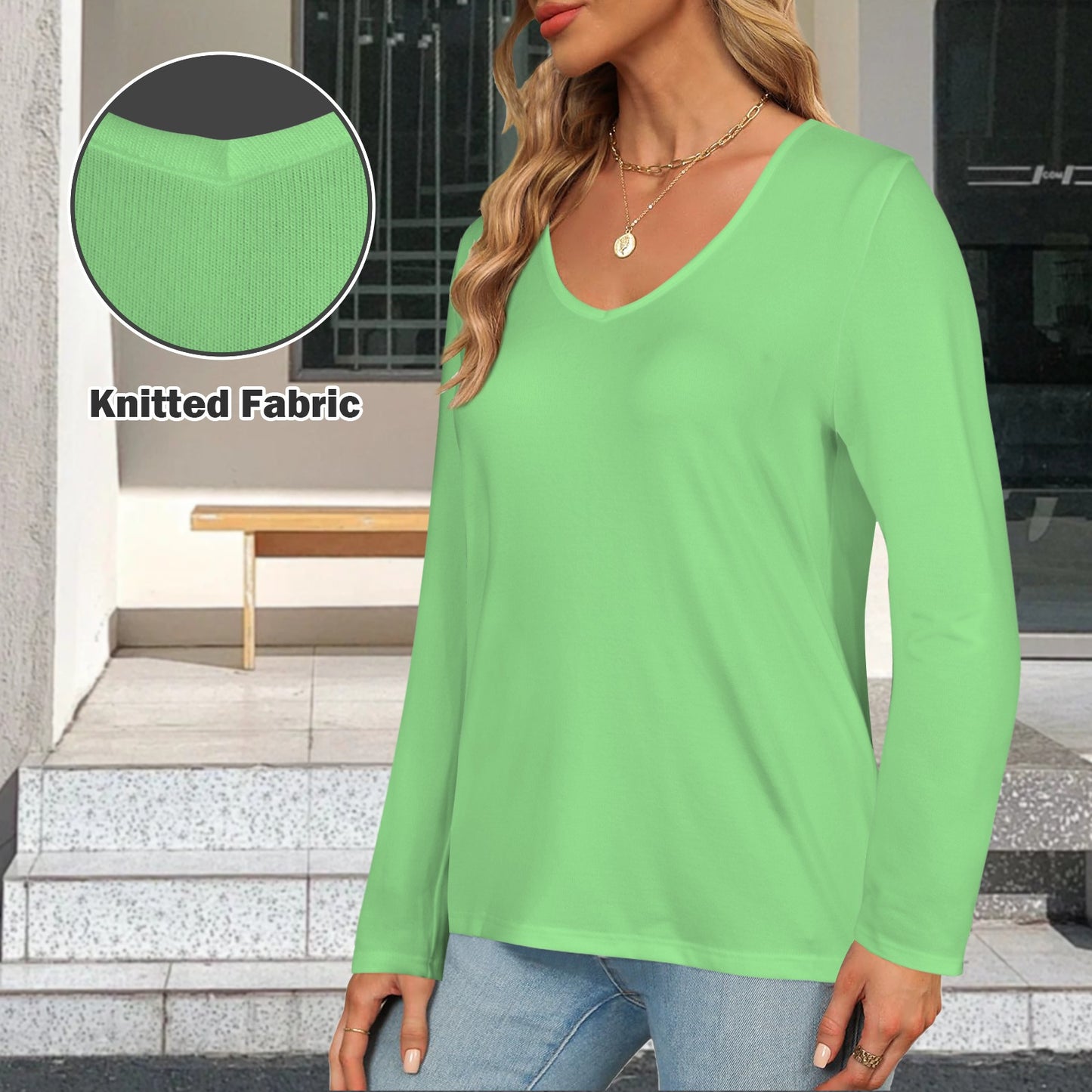 V Neck Long Sleeve Pullover Top Light Green