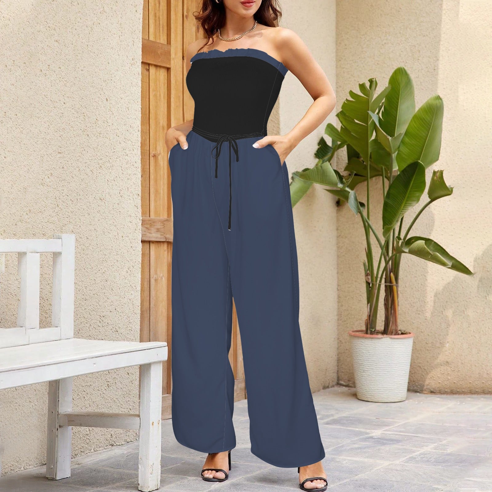 Bandeau Tie Waist Long Jumpsuit Black & Dark Storm