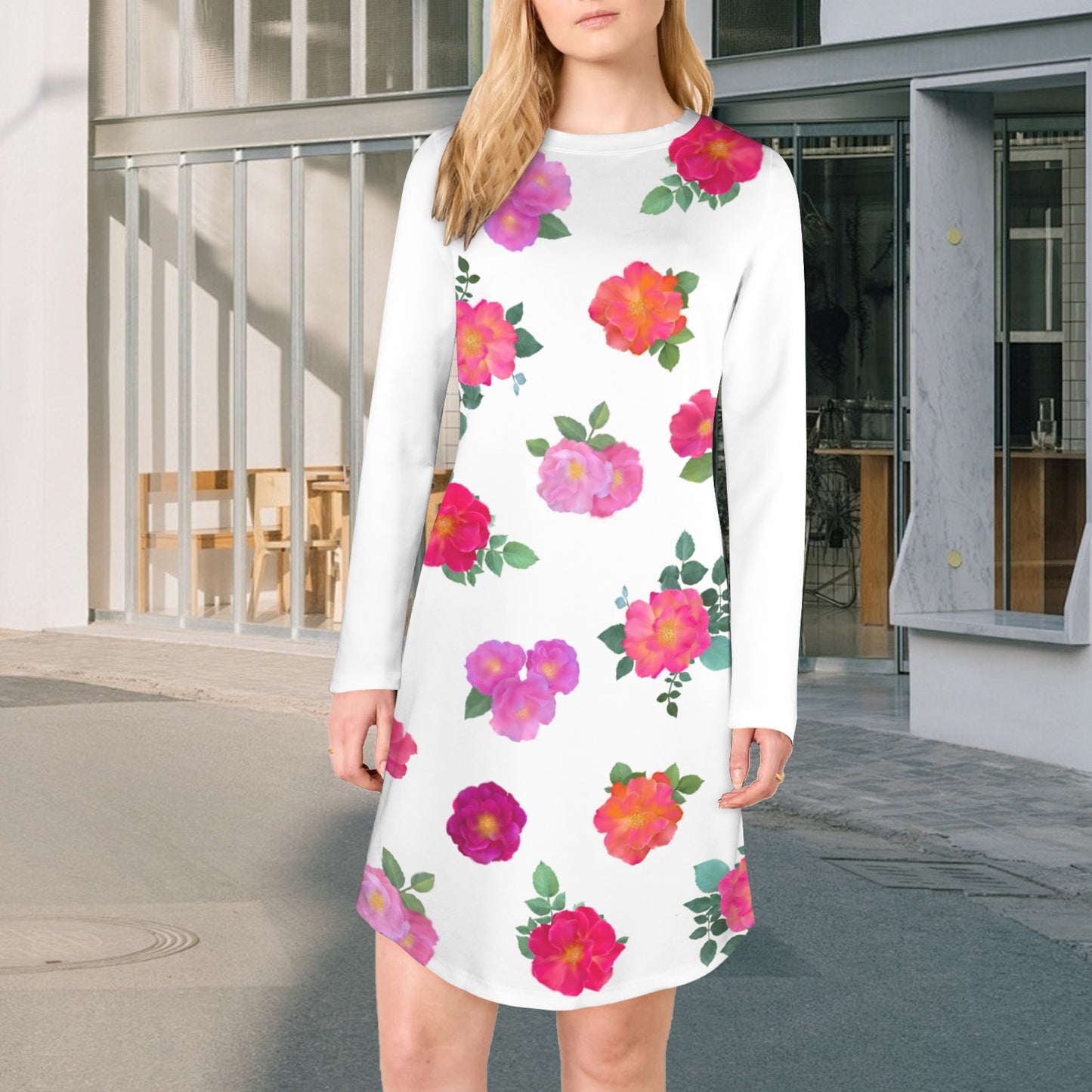 Casual Long Sleeve Dress White Rose Floral Print