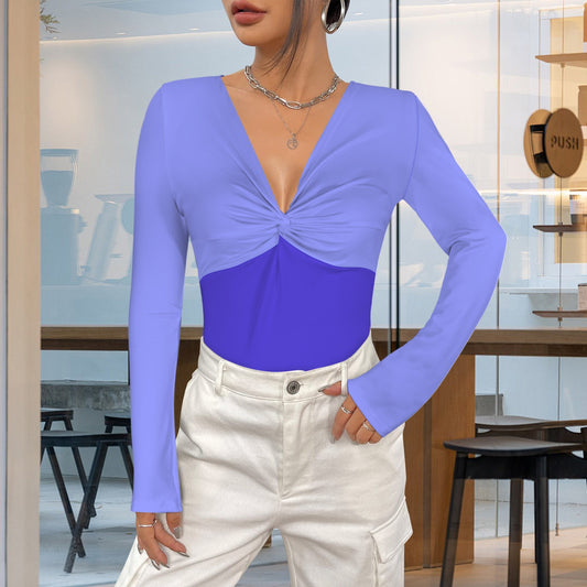 V Neck Long Sleeve Slim Fit Tops Periwinkle Violet