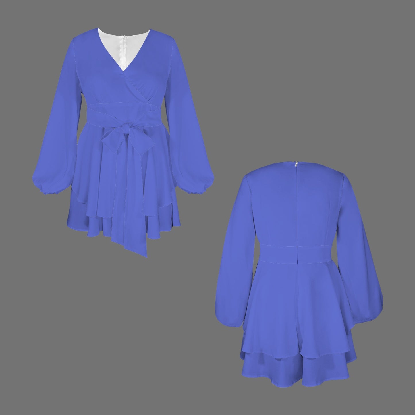 Periwinkle Violet Long Sleeve V-Neck Tie Waist Layered Ruffle Hem Romper