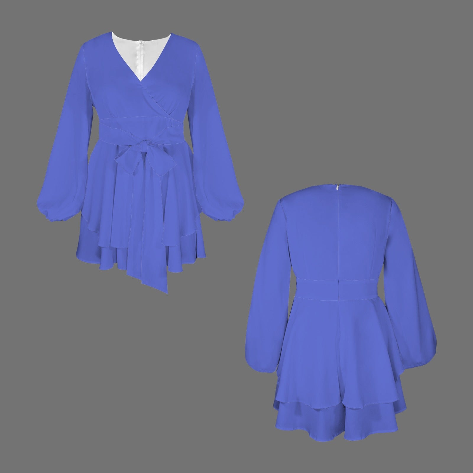 Periwinkle Violet Long Sleeve V-Neck Tie Waist Layered Ruffle Hem Romper