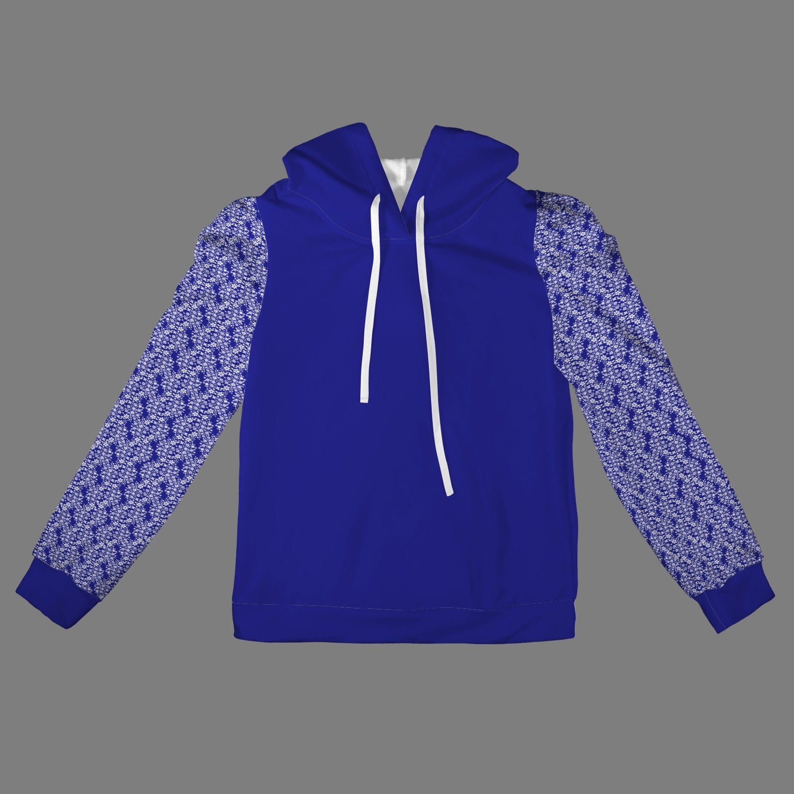 Pleated Puff Sleeve Hooded Fleece Sweatshirt Royal Blue White Floral