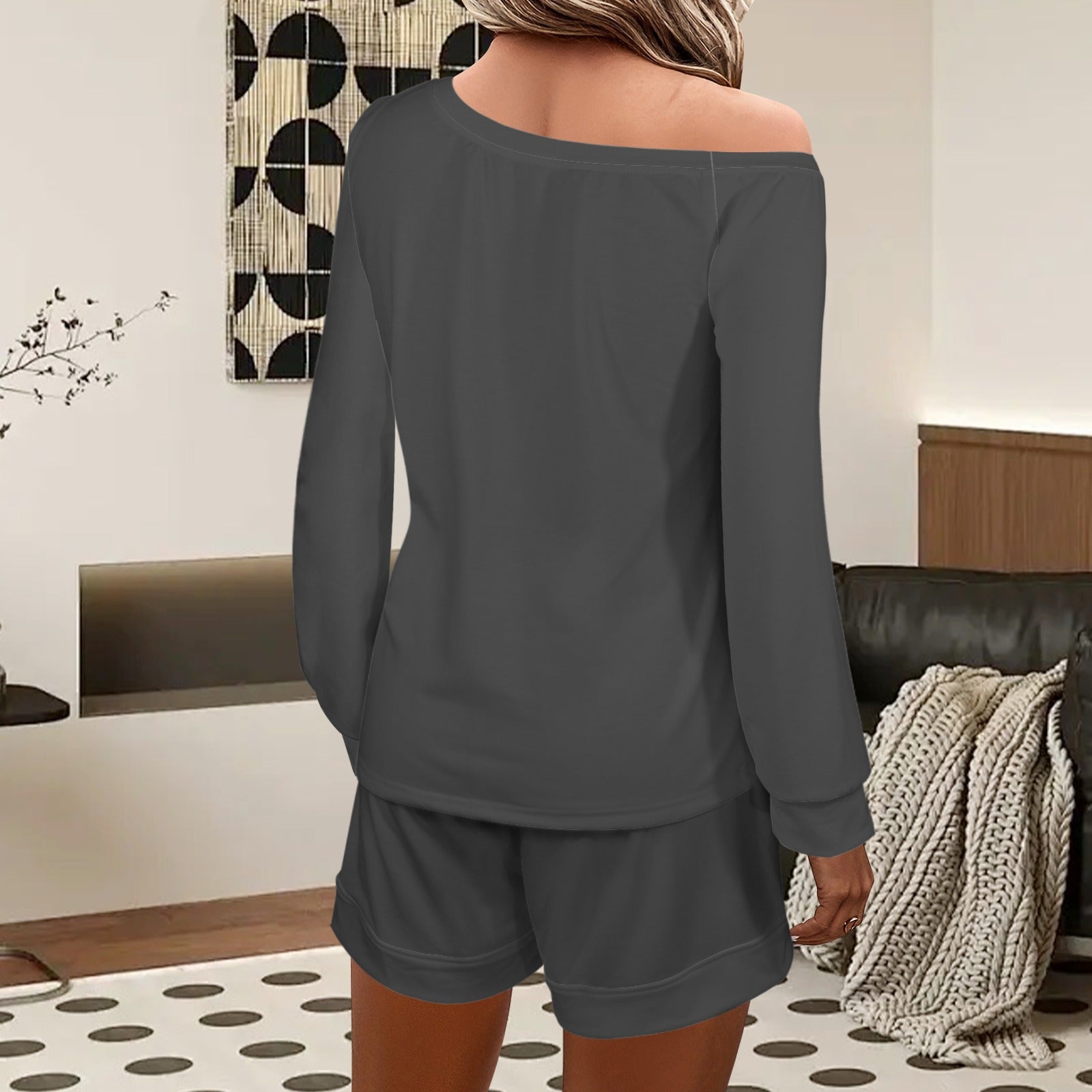 Slanted Off Shoulder Sweatshirt & Elastic Waist Shorts Set Dark Grey