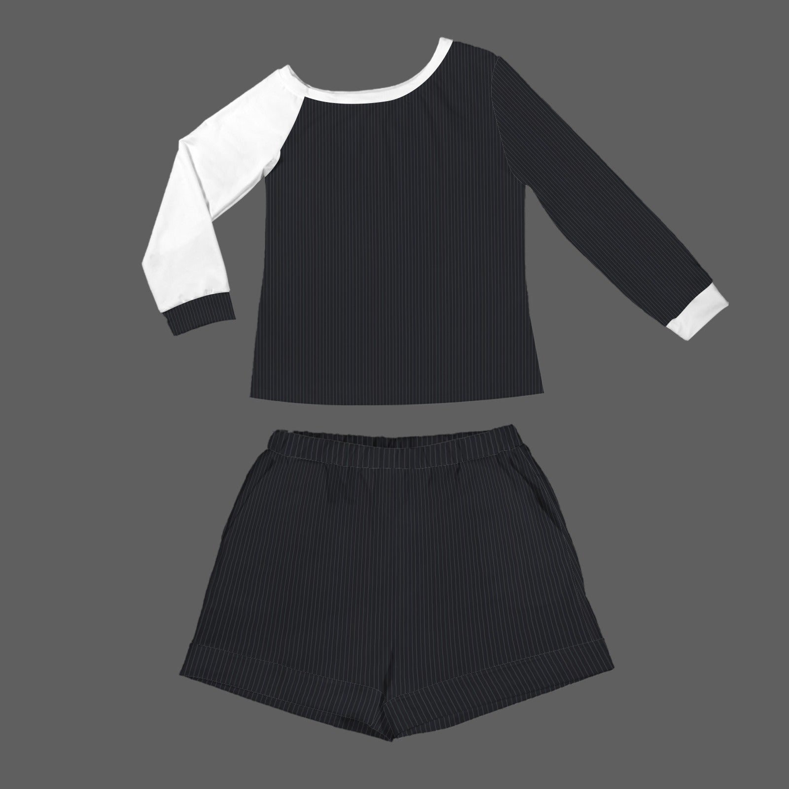 Slanted Off Shoulder Sweatshirt & Elastic Waist Shorts Set Midnight Pinstripe