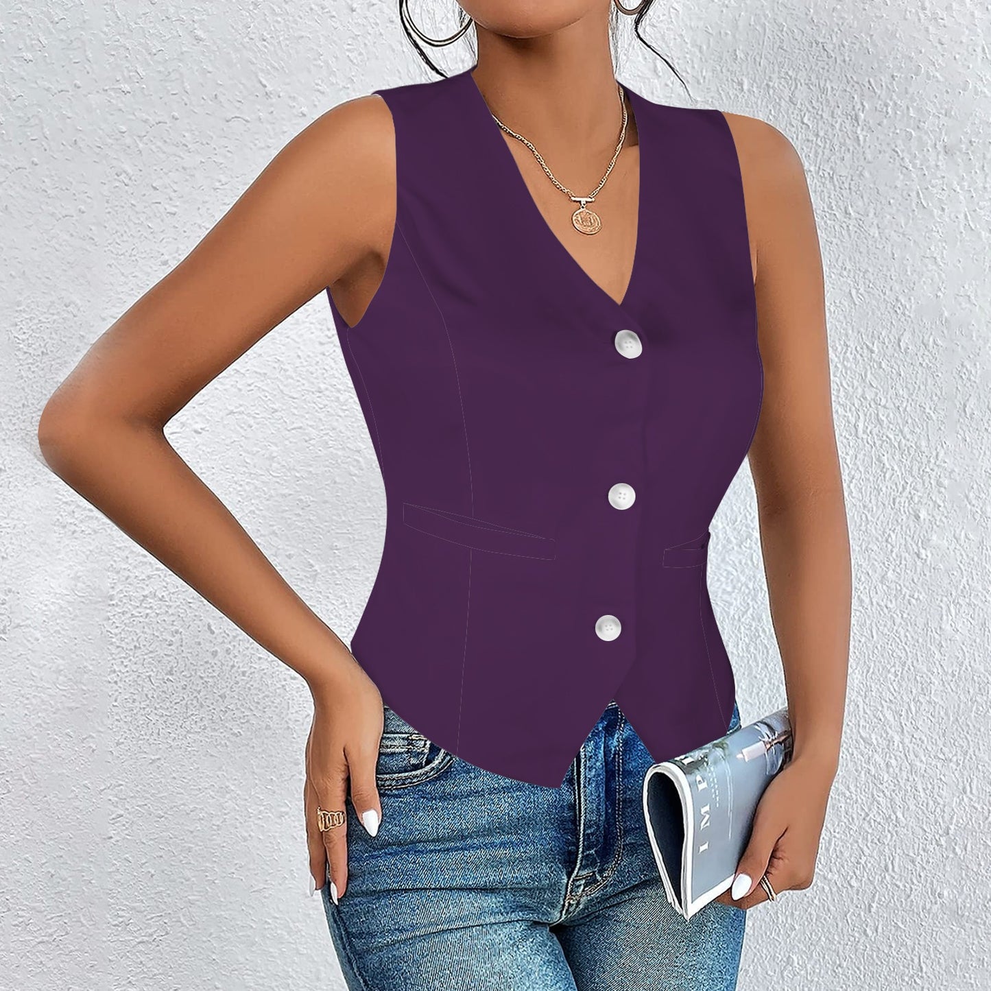 V-Neck Sleeveless Button Pocket Vest Flower Purple