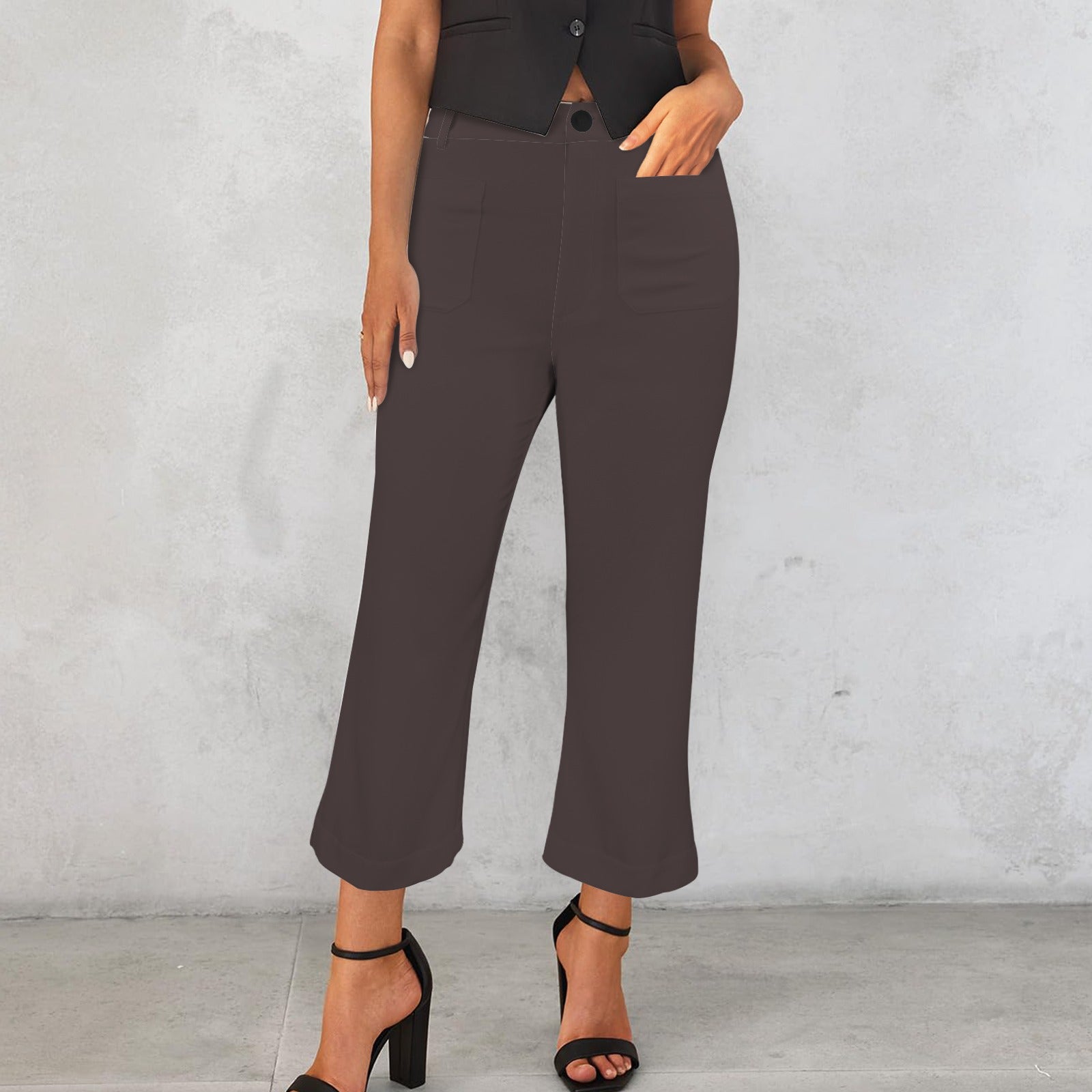 High Waist Pocket Flared Cropped Pants Espresso