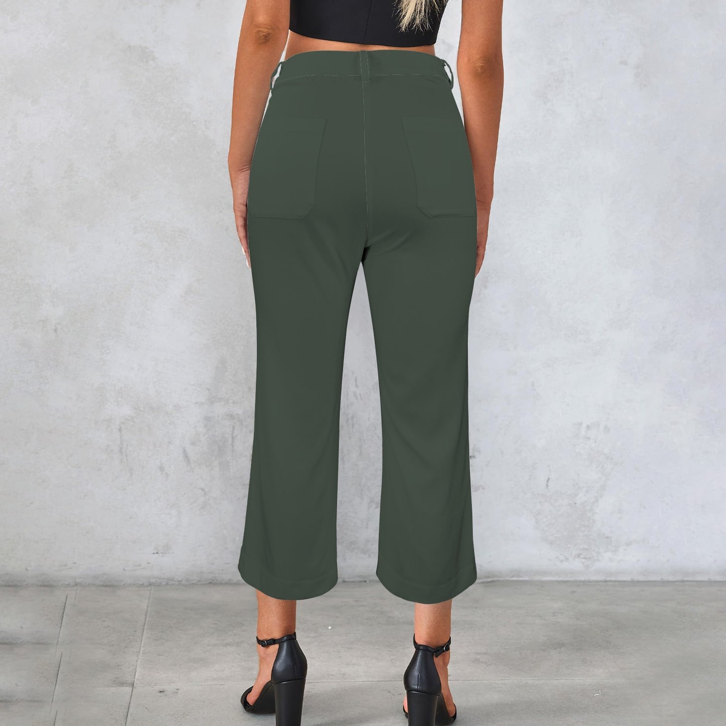 High Waist Pocket Flared Cropped Pants Dark Dusted Green