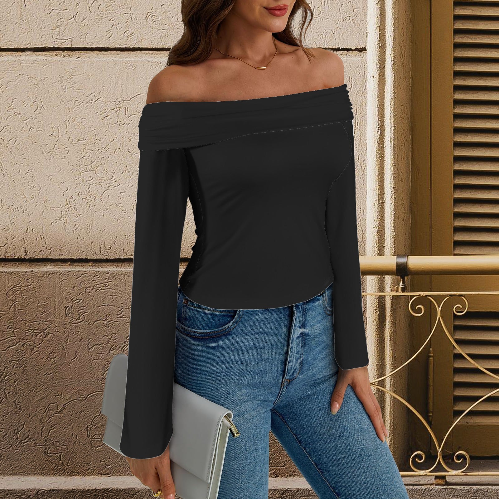 Off Shoulder Double Lined Long Sleeve T Shirts Black