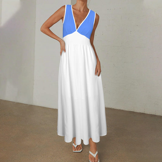 Deep V-Neck Sleeveless Hight Waisted Maxi Dress Blue White