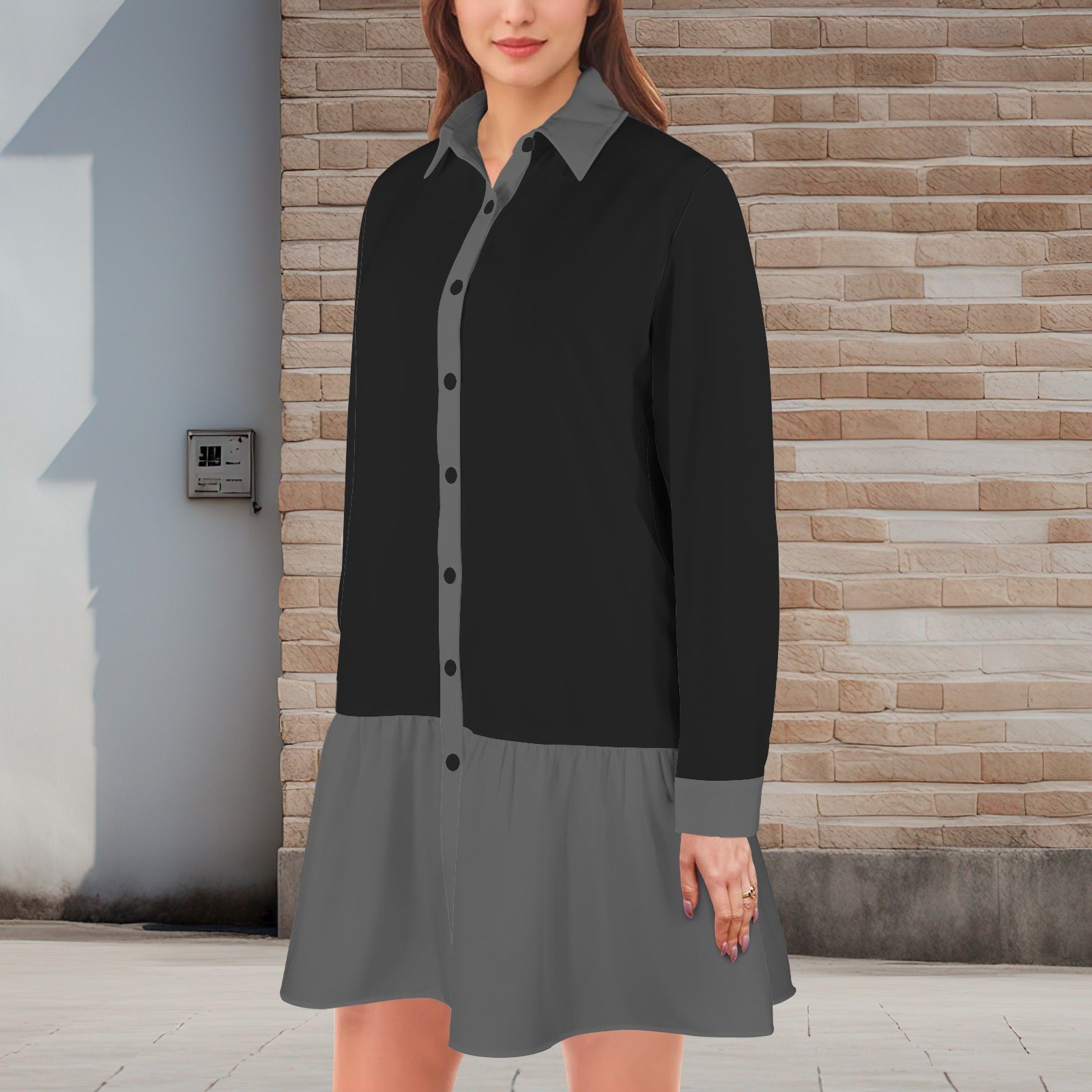 Black Grey Lapel Button Long Sleeve Pleated Shirt Dress