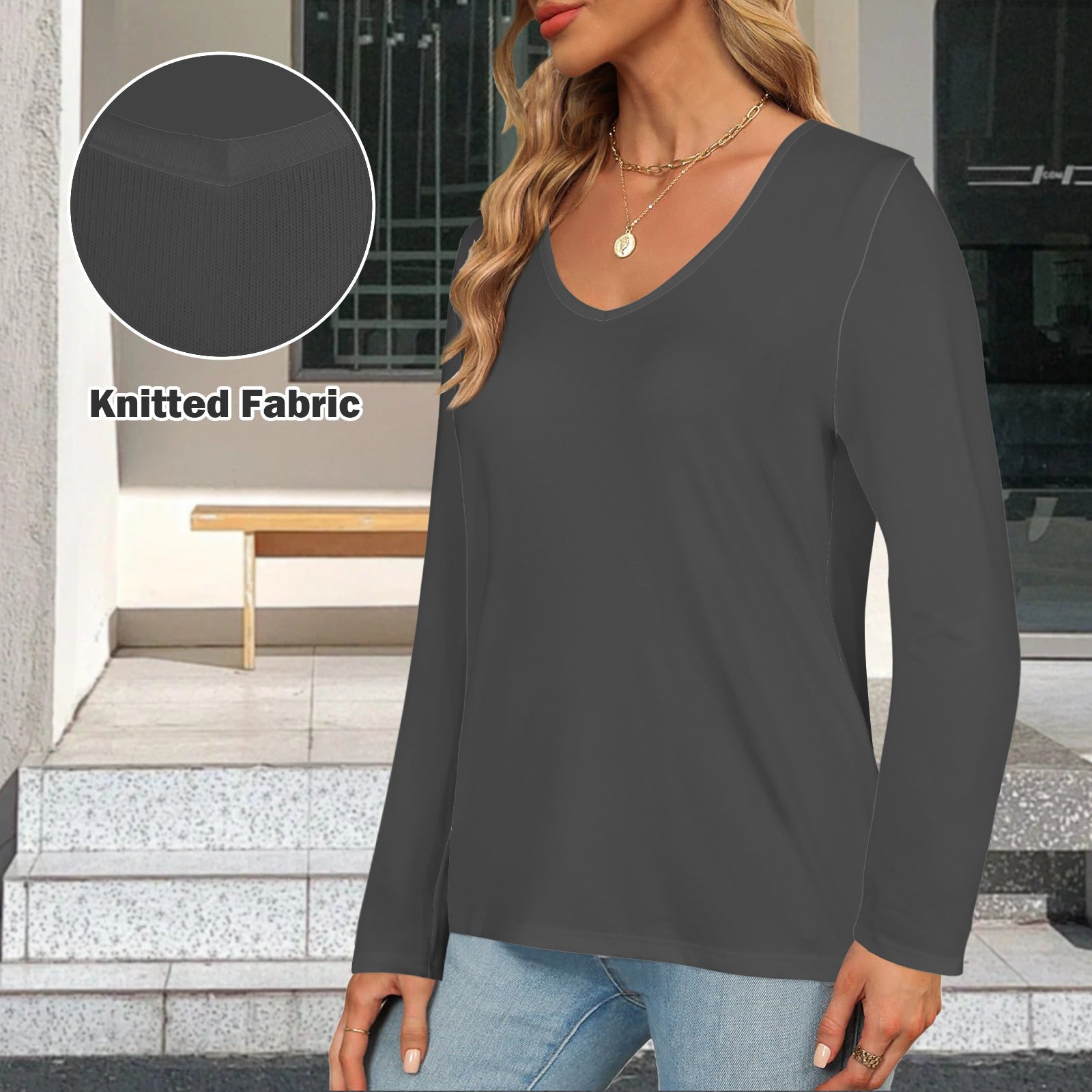 V Neck Long Sleeve Pullover Top Grey