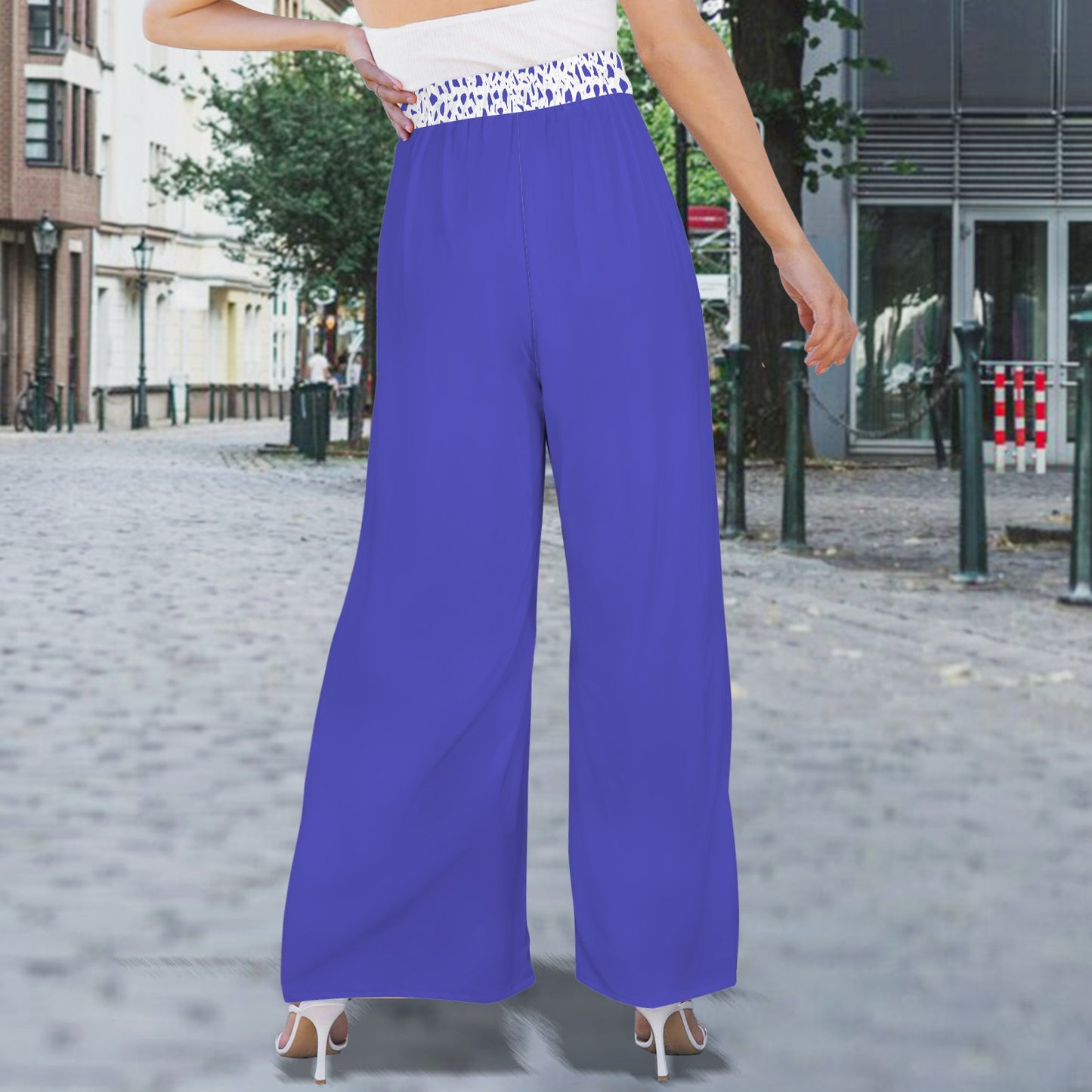 Tassel Tie Waist Split Wide Leg Pants Violet Blue & White Coral