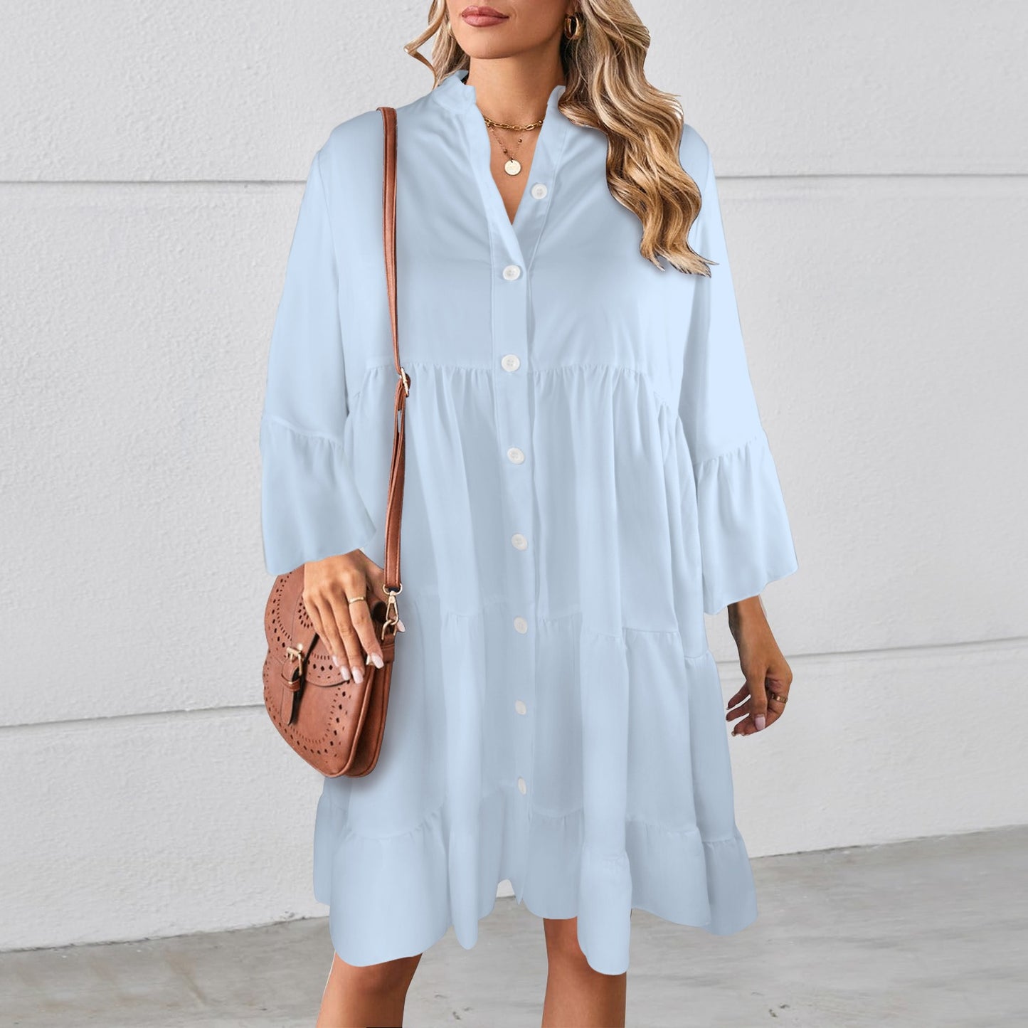 Flared Sleeve Button Tiered Shirt Dress Light Blue