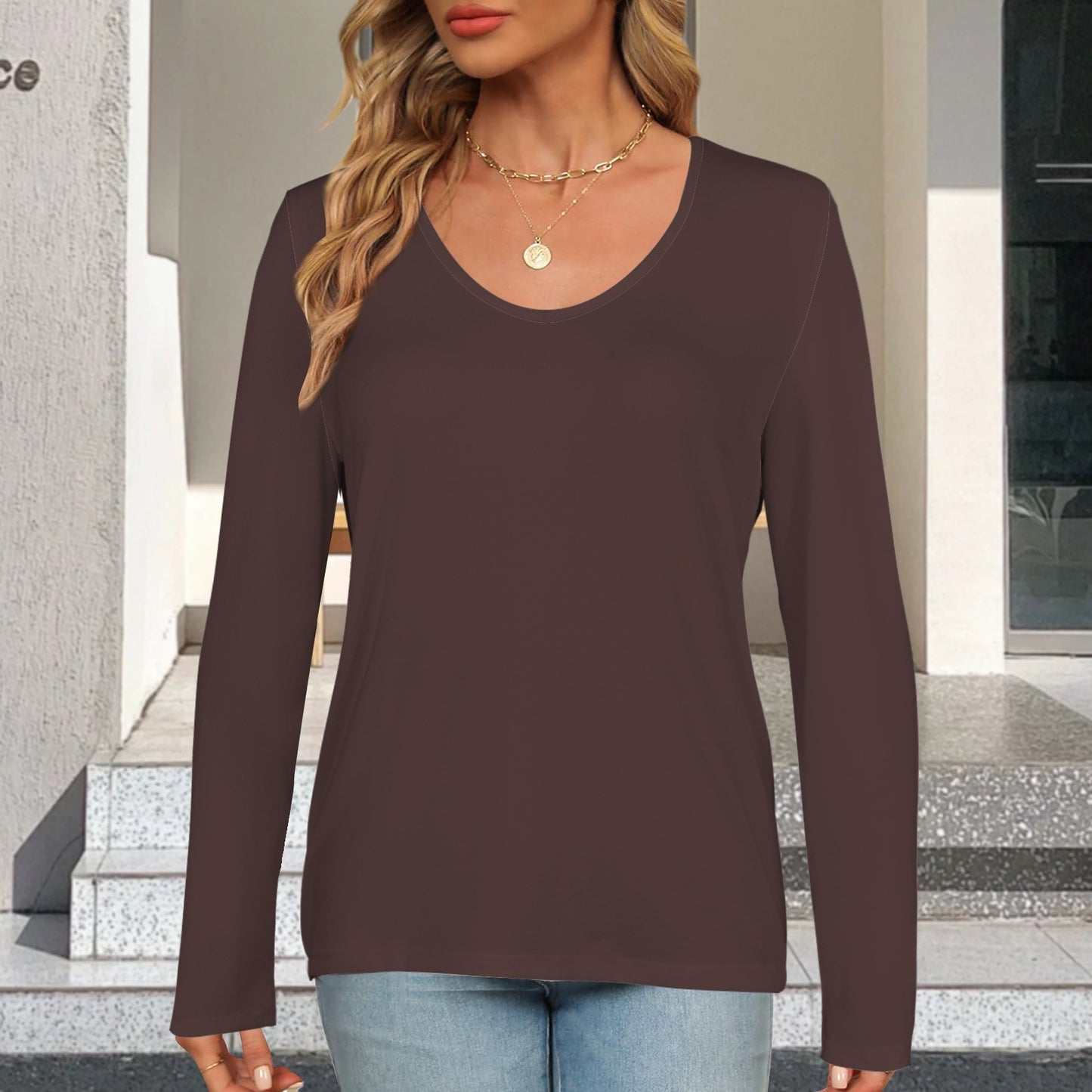 V Neck Long Sleeve Pullover Top Espresso