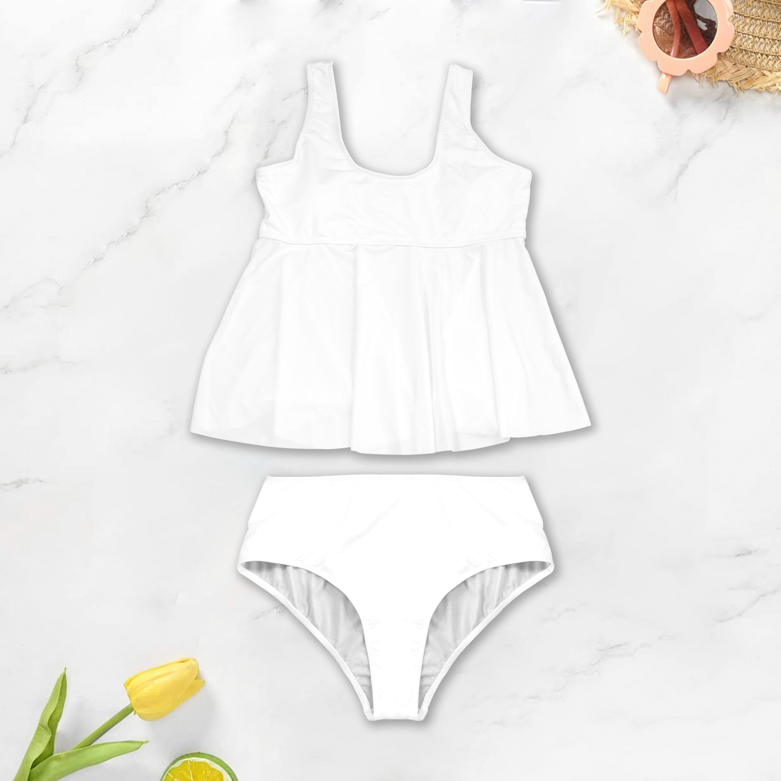 White Ruffle Hem Tankini