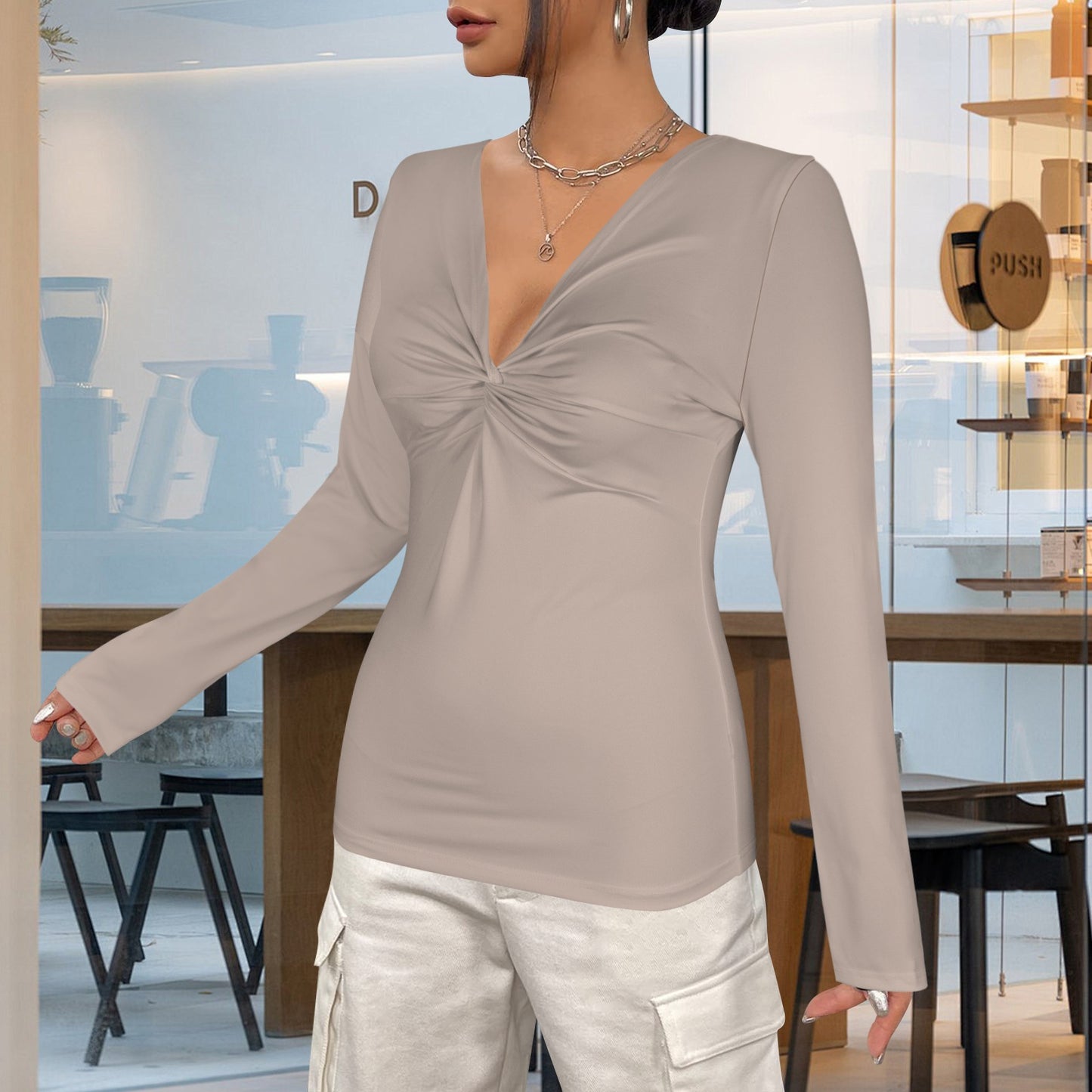 V Neck Long Sleeve Slim Fit Tops Beige