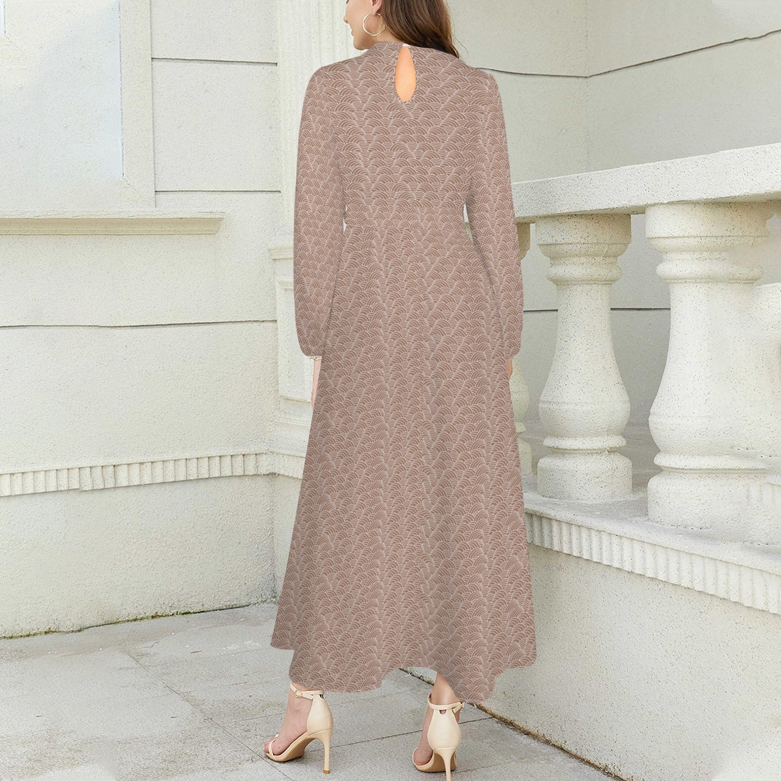 Light Beige Brown Scallop Print Long Sleeve Dress