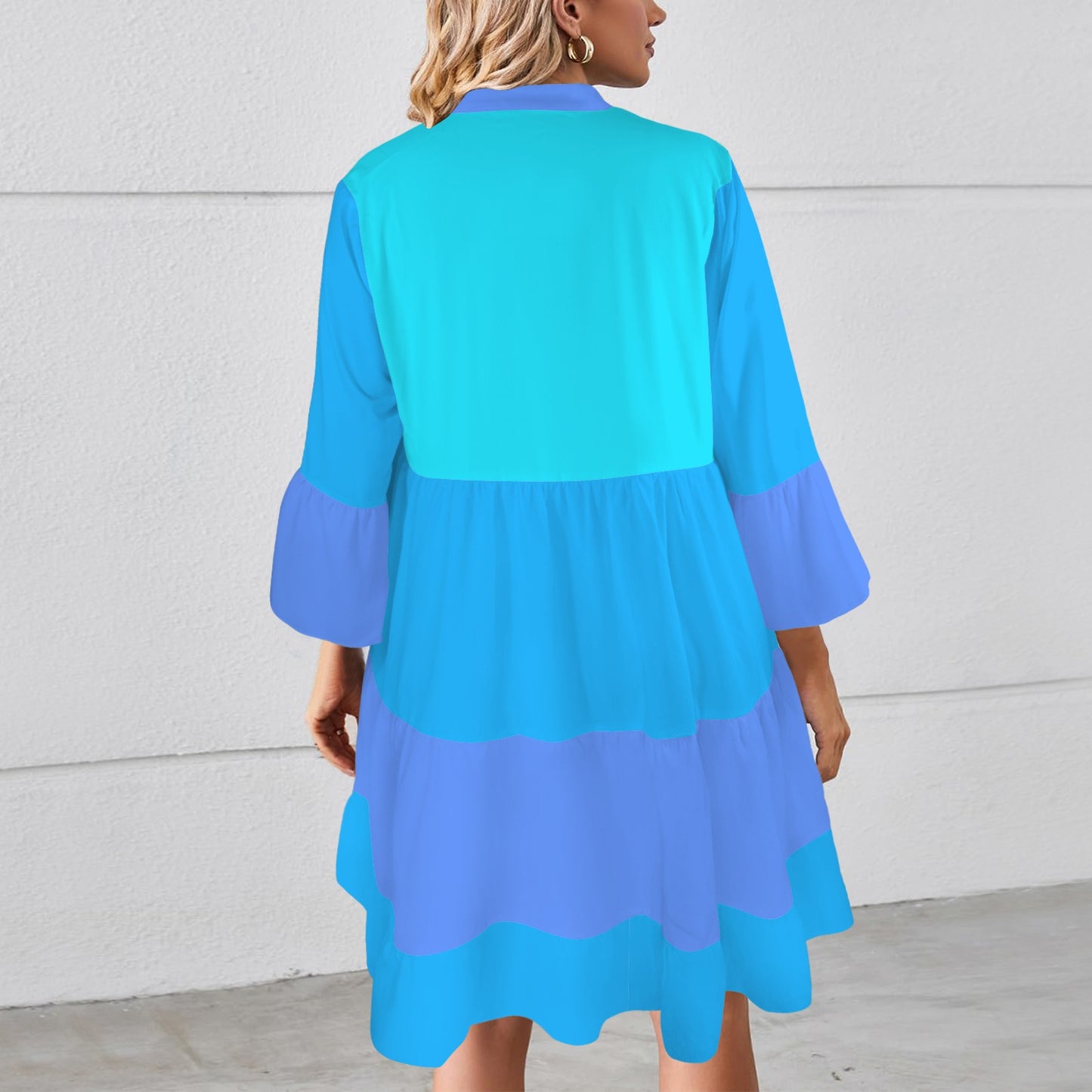 Flared Sleeve Button Tiered Shirt Dress Multi Blue