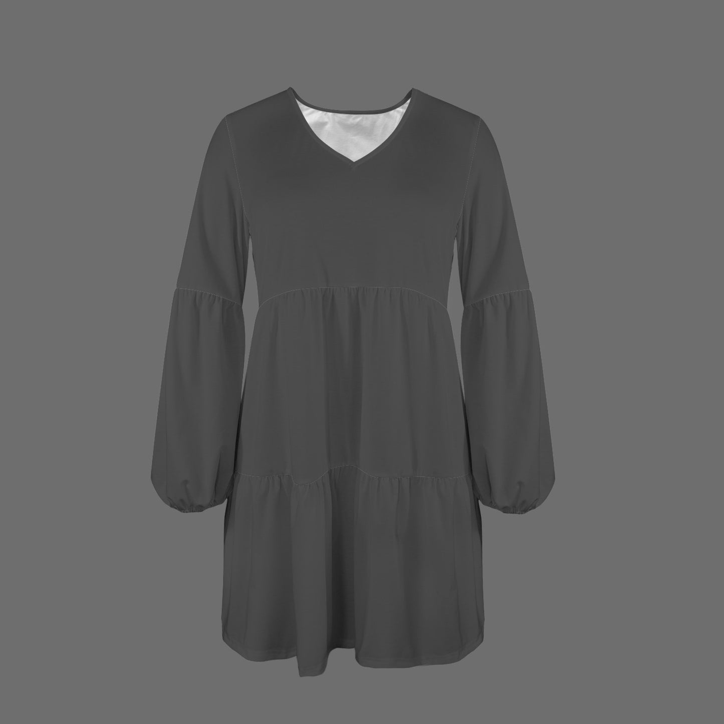 Dark Grey Tiered Dress with V-Neck & Full Sleeves