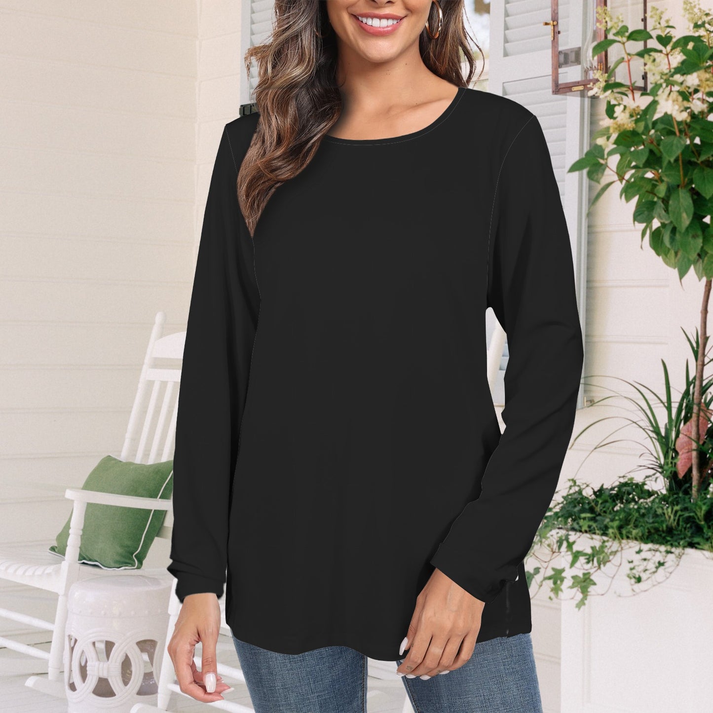 Long Sleeve Round Neck T Shirt Black