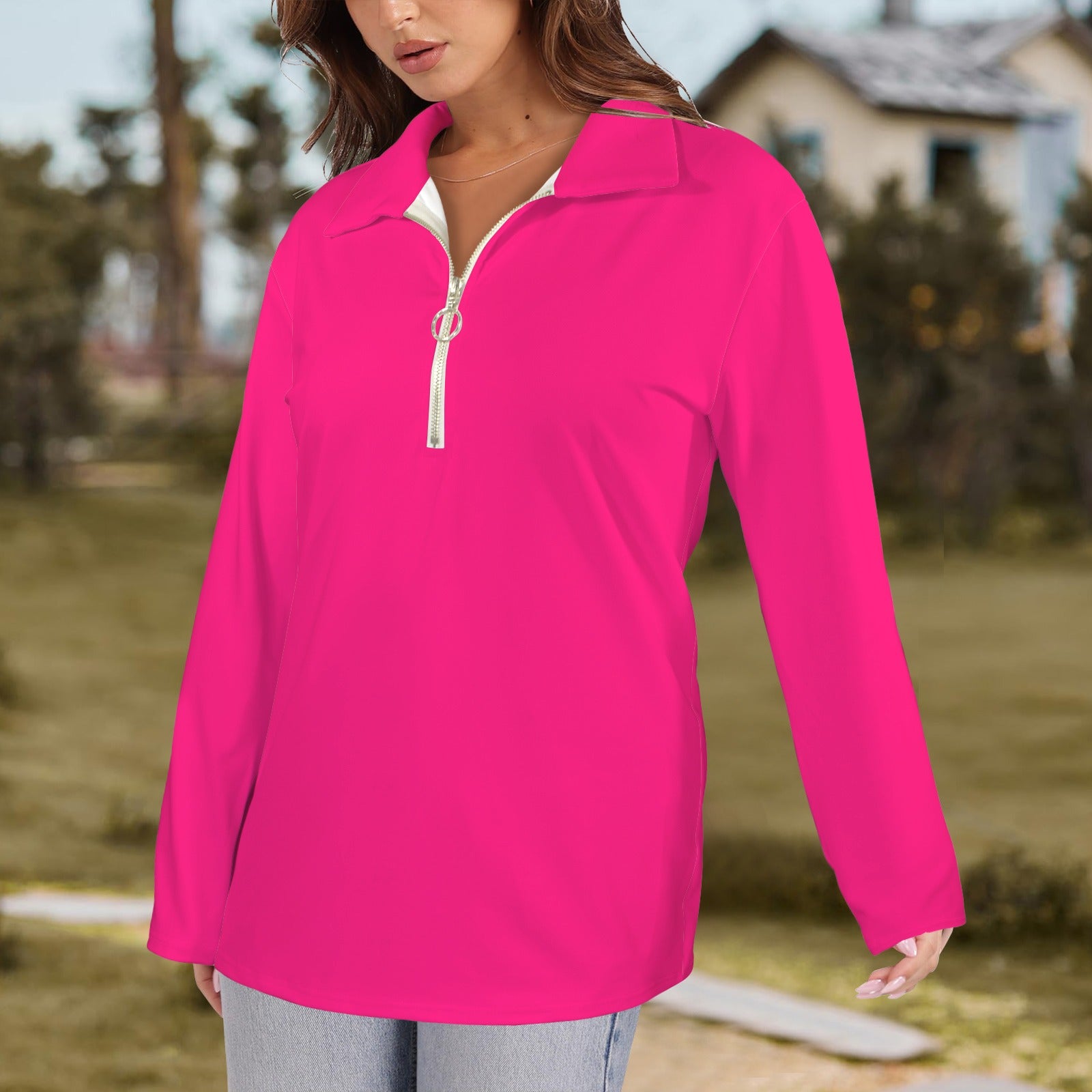 Lapel Half Zip Long Sleeve T-Shirt Magenta