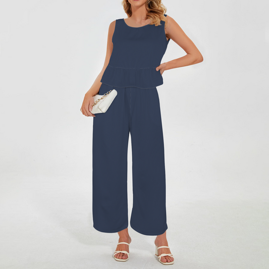 Navy Two Piece Pant & Sleeveless Ruffled Hem Top Set