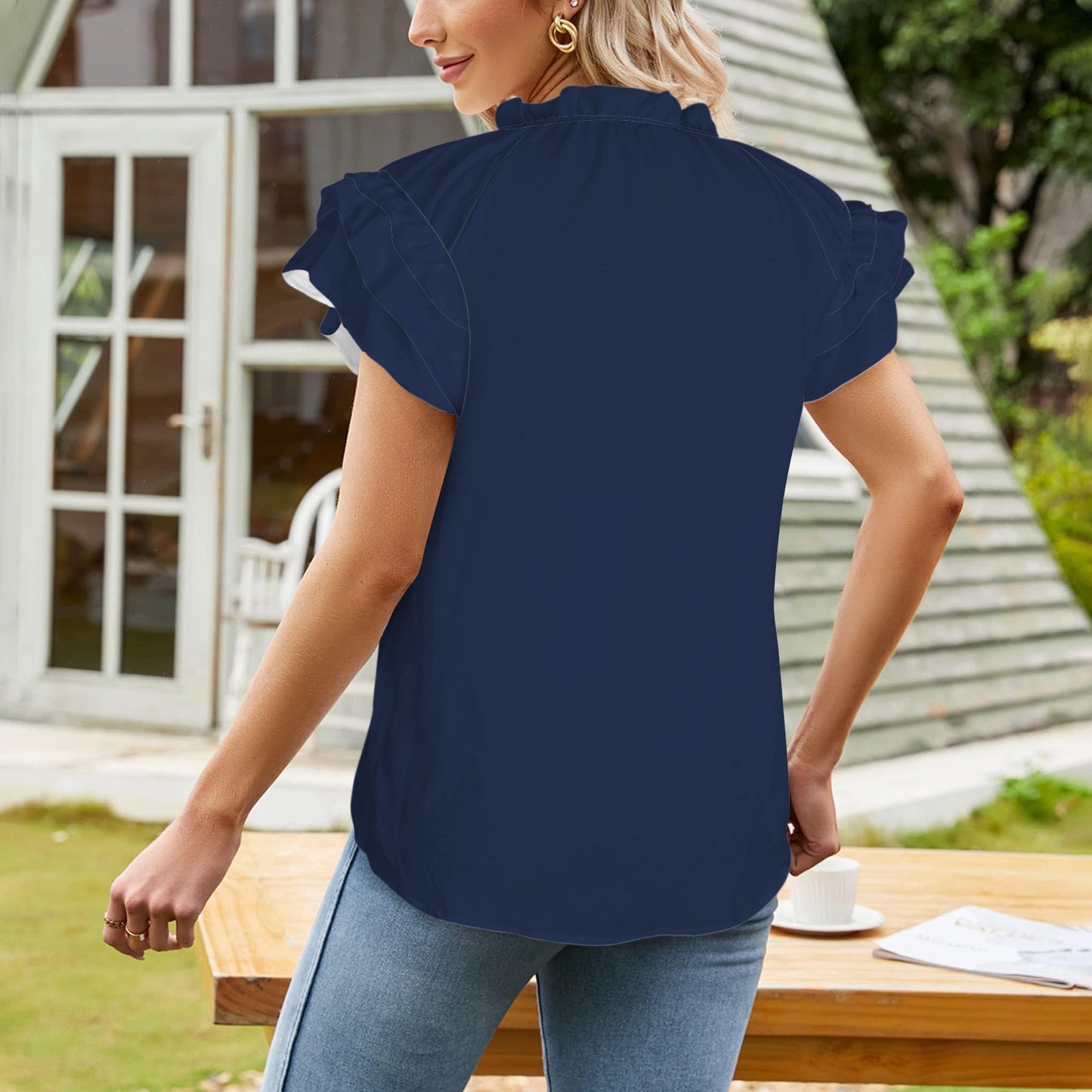 V-Neck Drawstring Ruffle Sleeve Blouse Night Blue