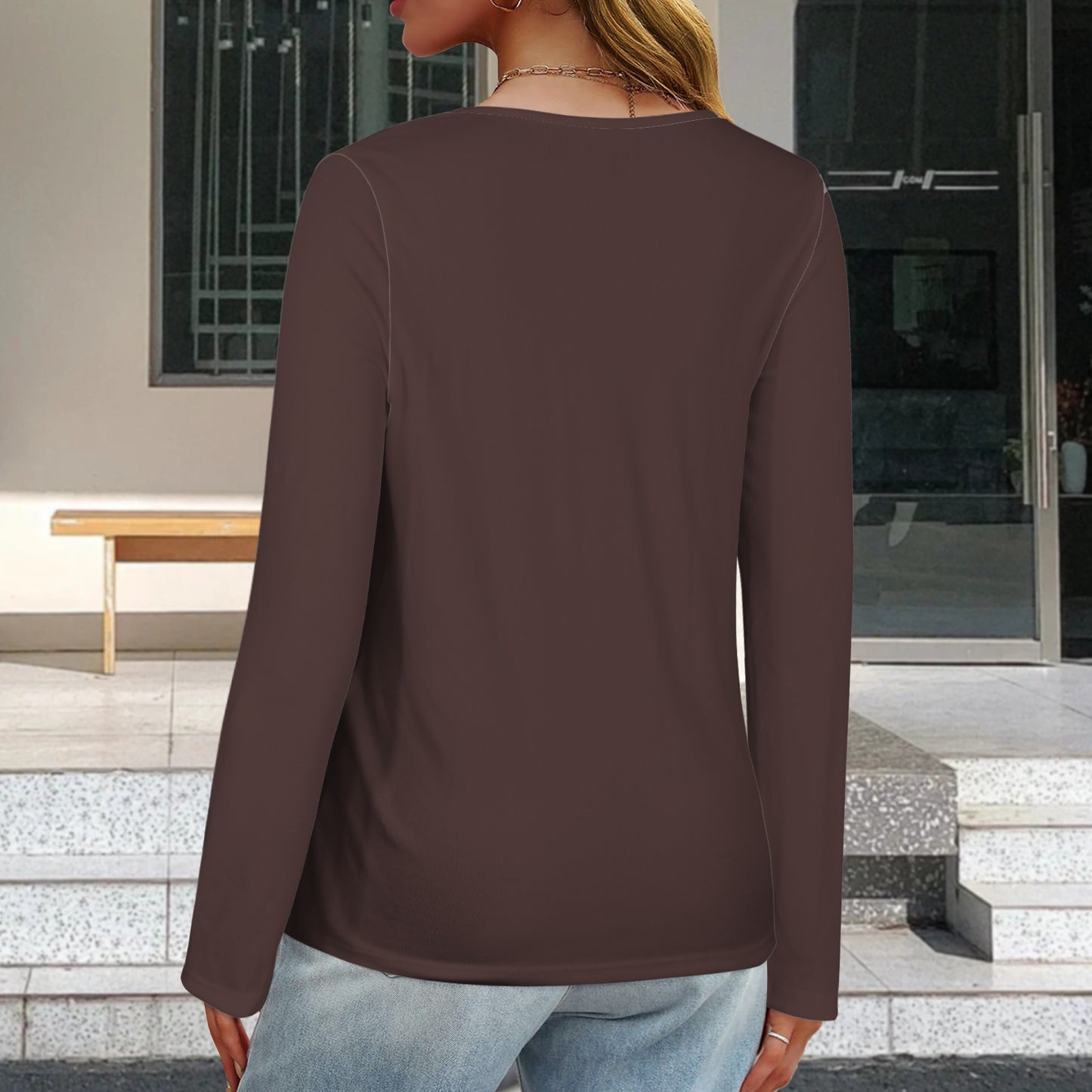 V Neck Long Sleeve Pullover Top Espresso