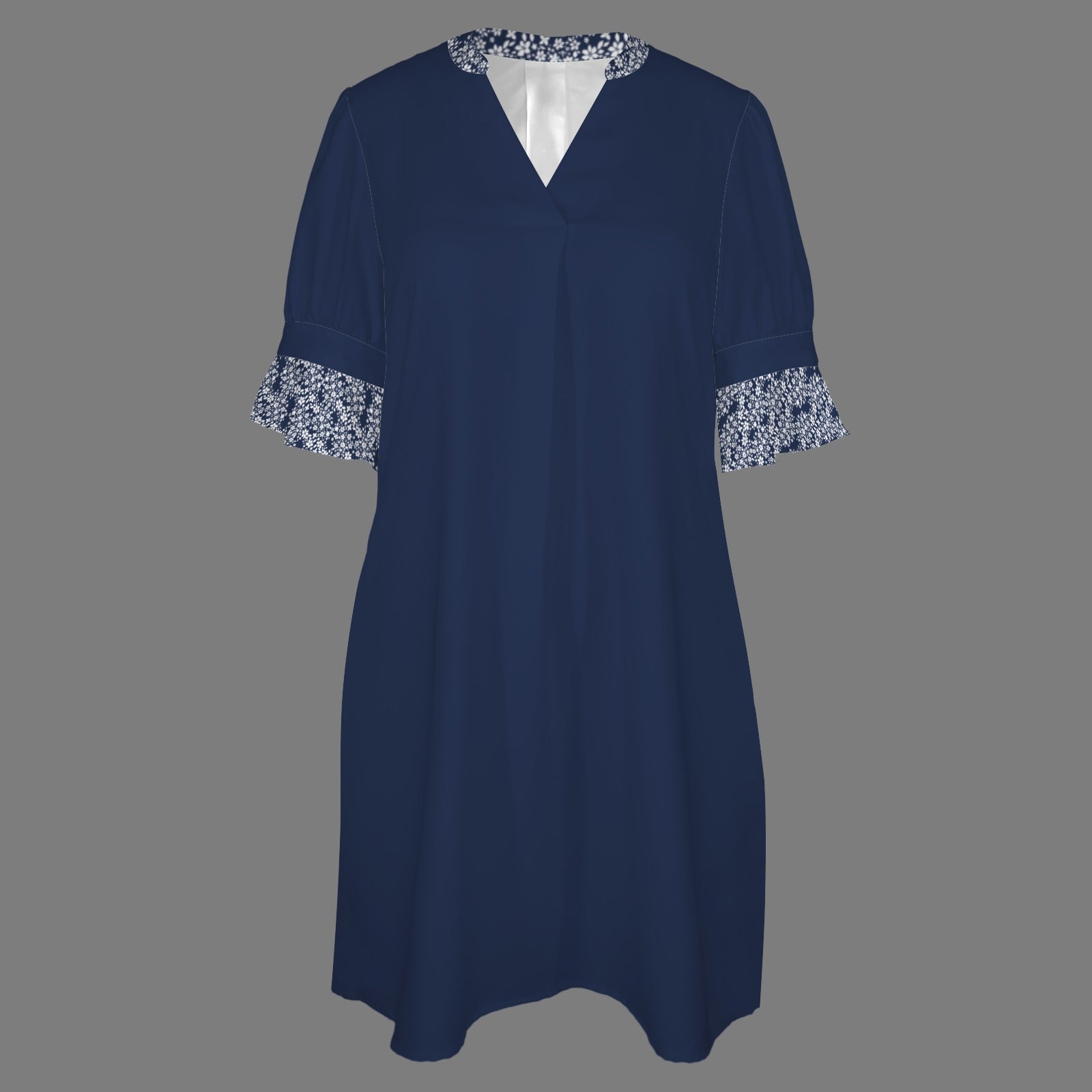 V-Neck Ruffle Sleeve Casual Dress Dark Navy & White Floral