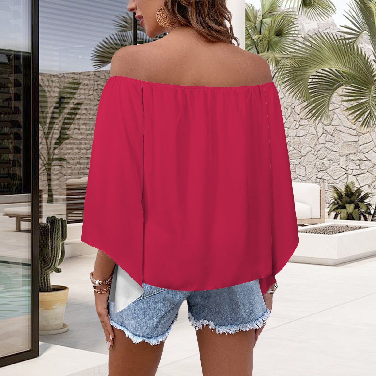 Off Shoulder Trumpet Sleeve Blouse Red