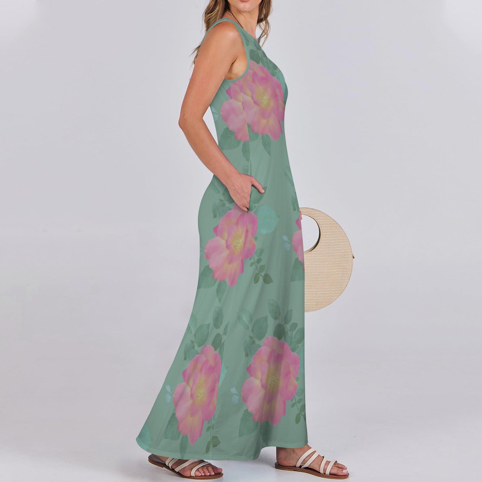 Sleeveless Maxi Dress Roses Dusted Green