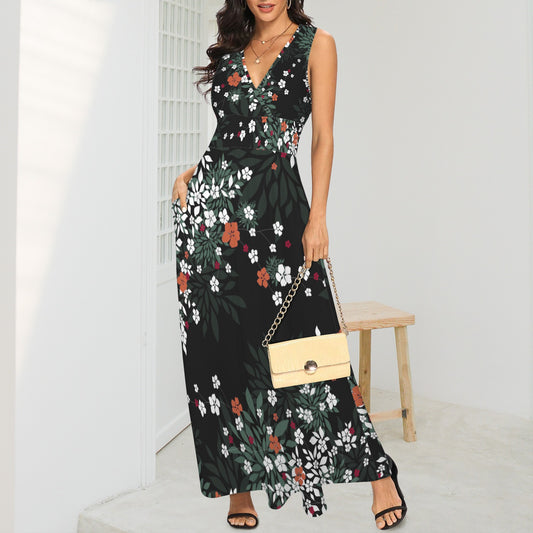 Blossoms Print Black Sleeveless Maxi Dress