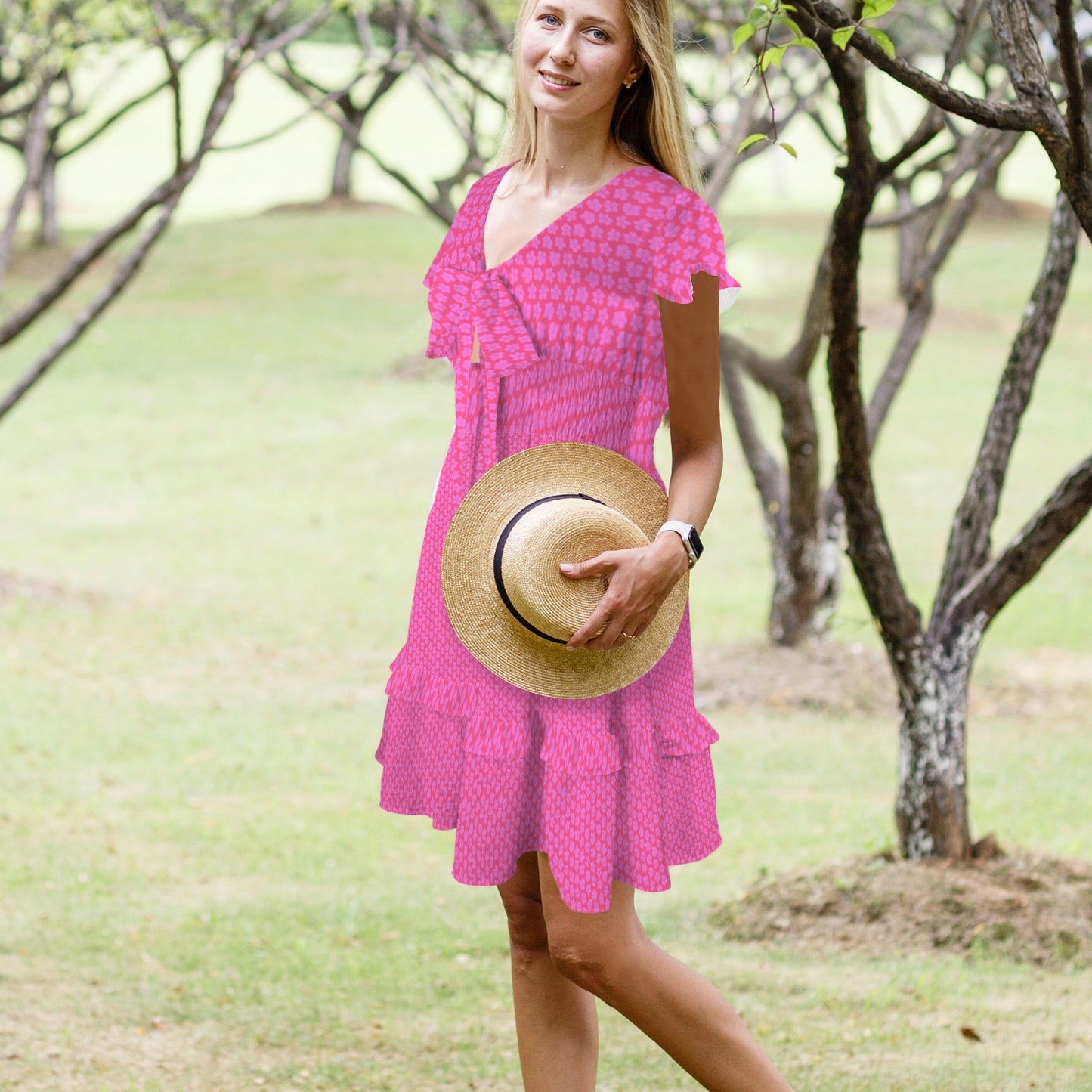 Sleeveless Ruffle Trim Girls Dress Pink Flower Print