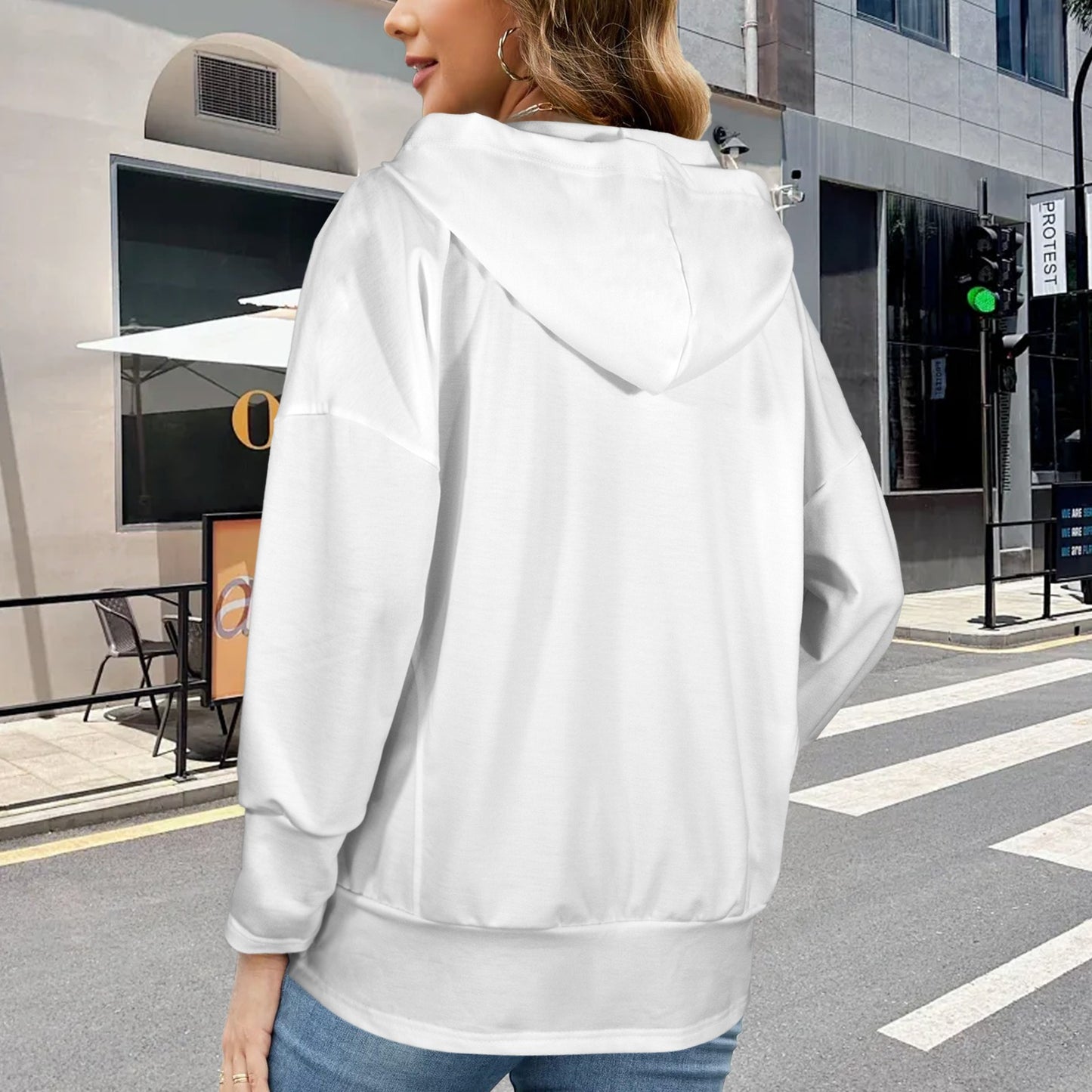 Button V Neck Pocket Hoodies White