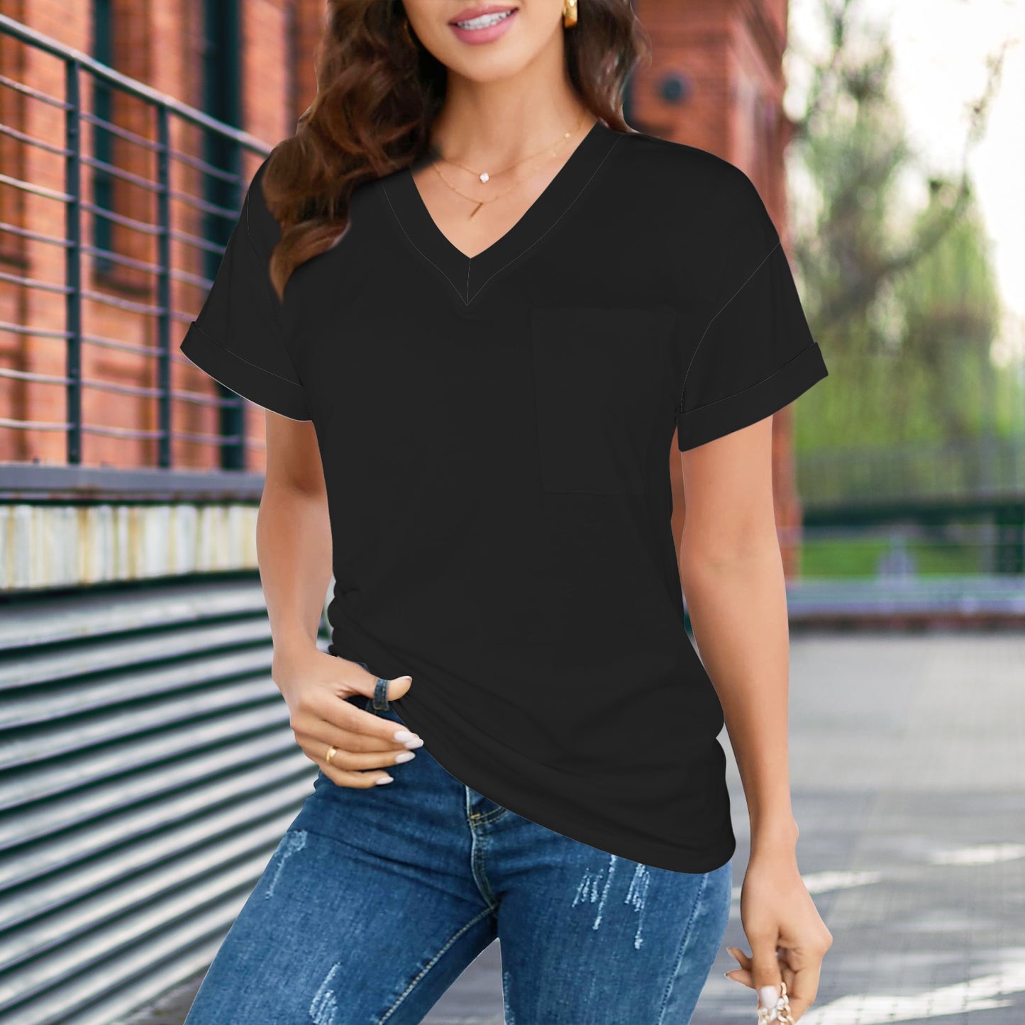 V-Neck Short Sleeve Pocket T-Shirts Black