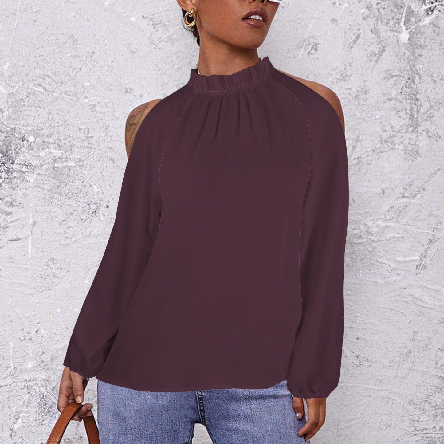 Lotus Leaf Round Neck Long Sleeve Pleated Off Shoulder Blouse Dark Plum