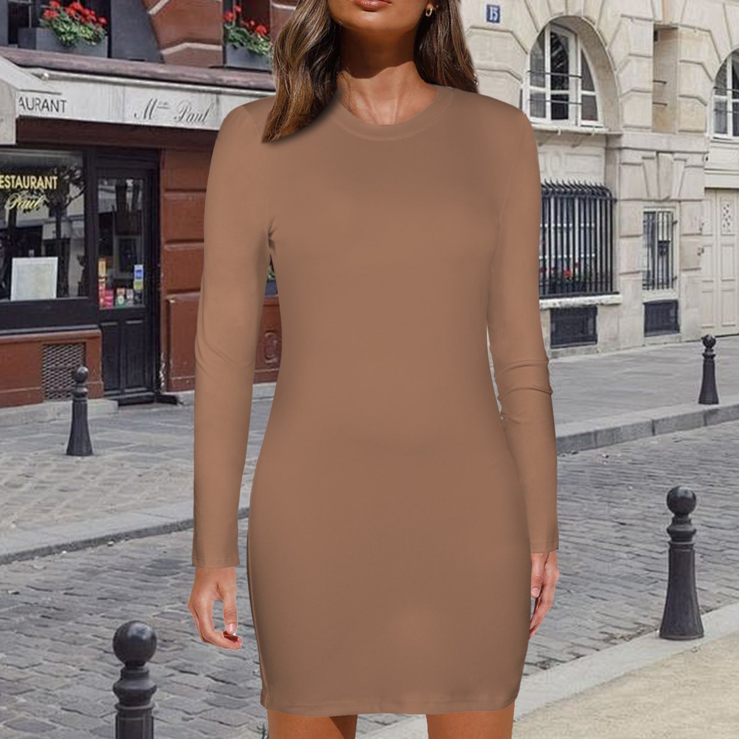 Crew Neck Long Sleeve Bodycon Dress Beige Brown