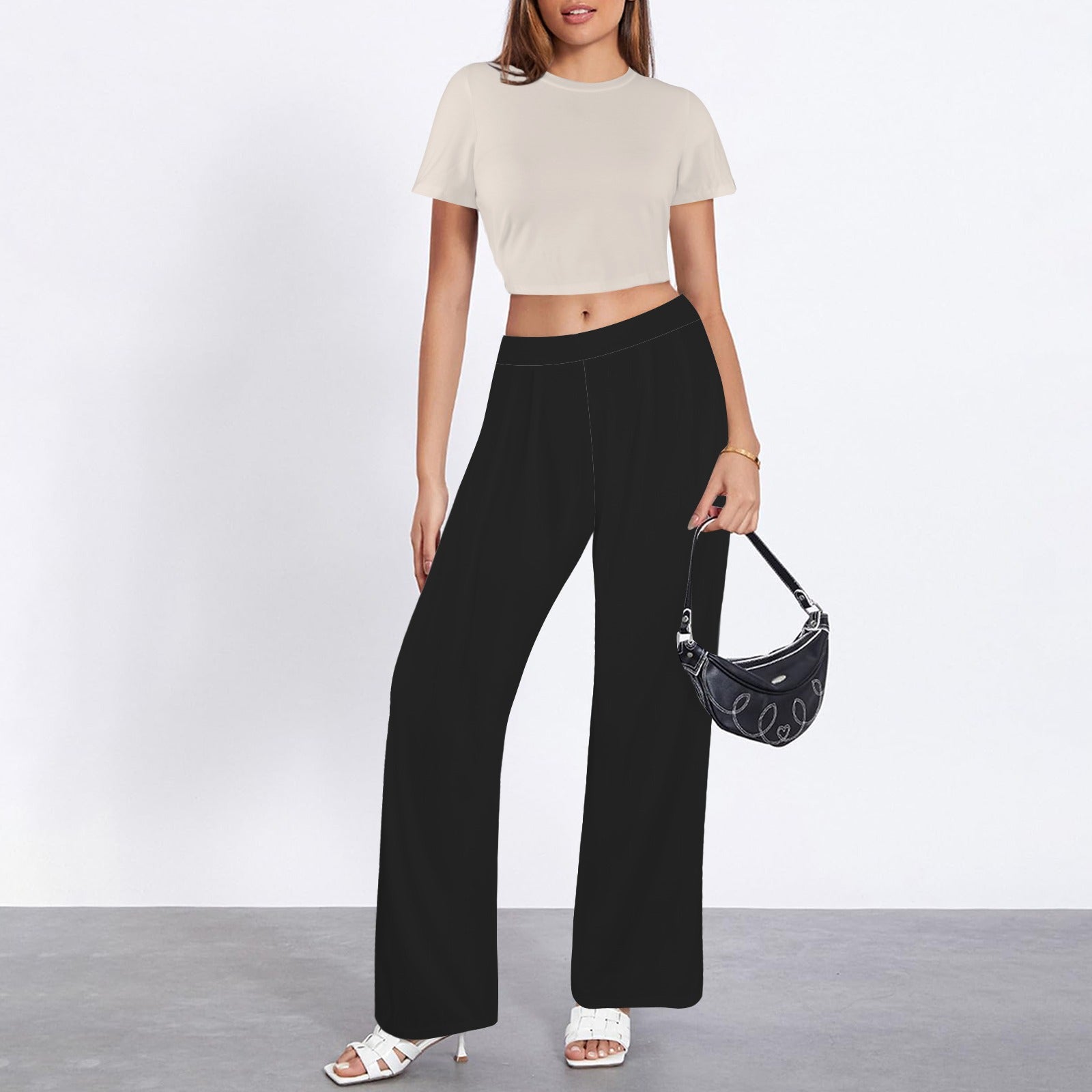 Crew Neck Short Sleeve Crop Top & Wide Leg Pants Set Light Beige & Black