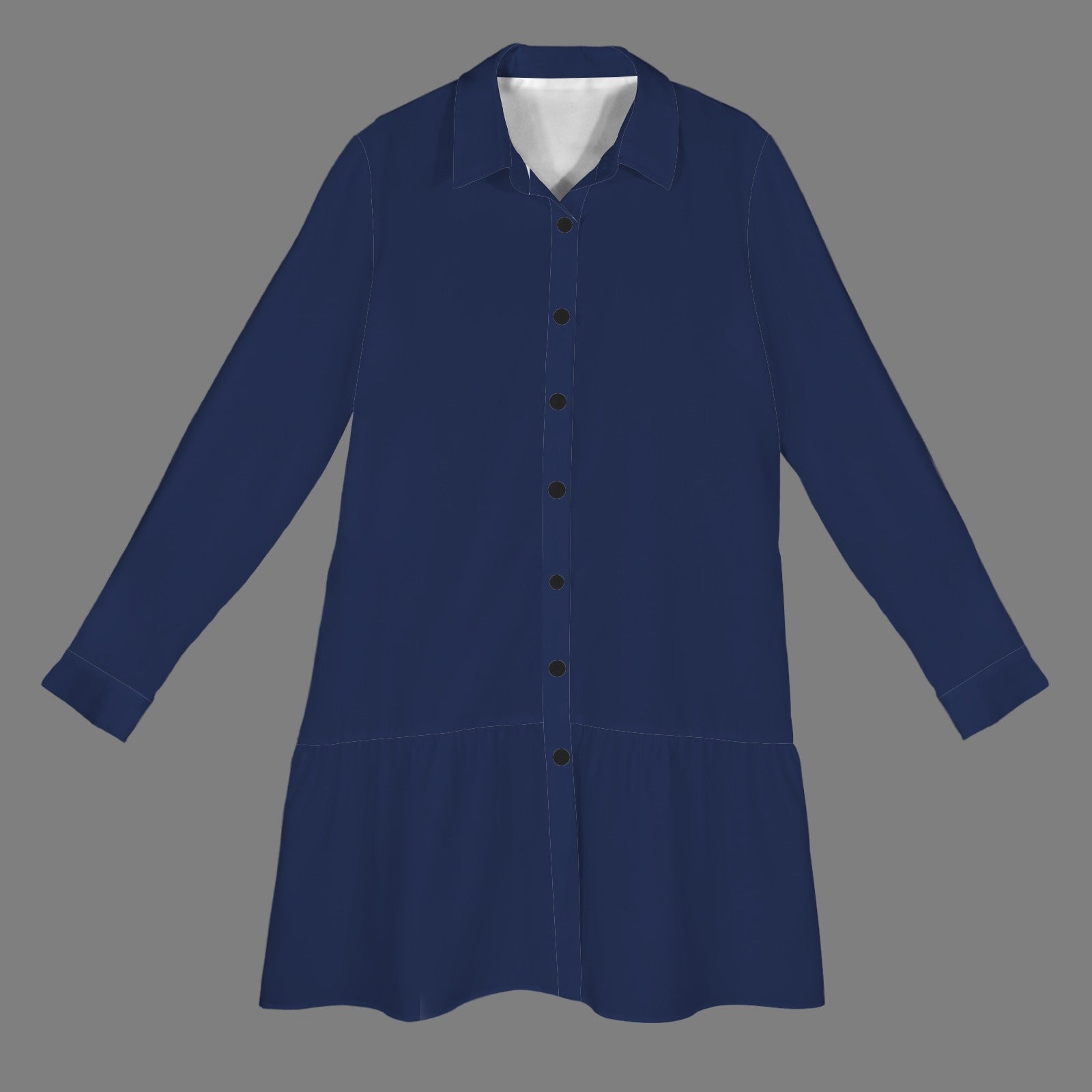 Night Blue Lapel Button Long Sleeve Pleated Shirt Dress