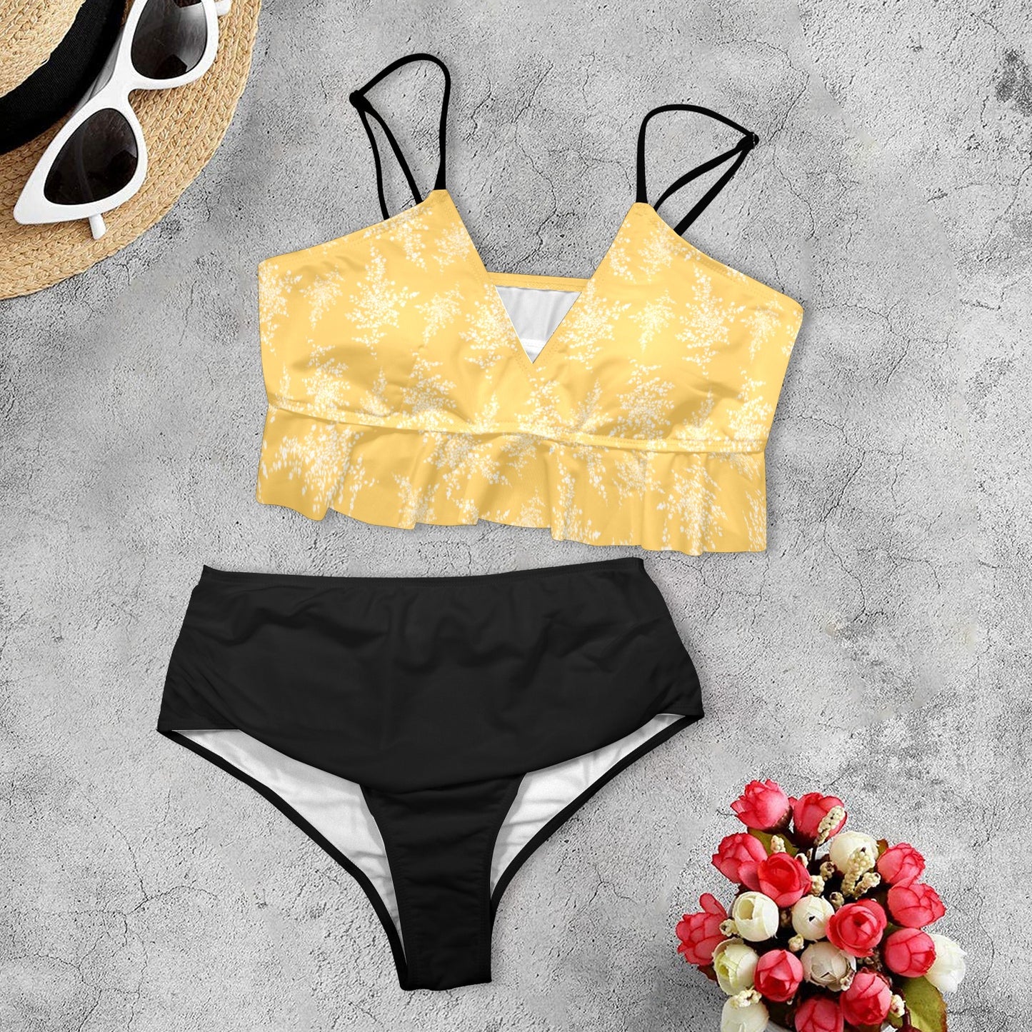 Floral Clusters Yellow Black Ruffled Bikini