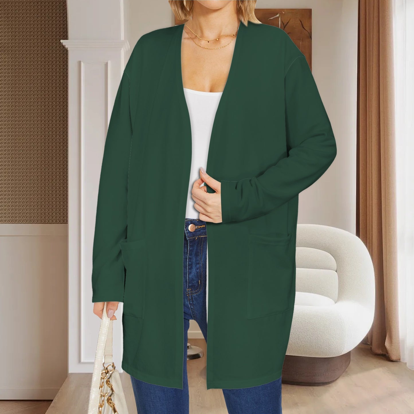 Long Sleeve Pocket Cardigan Dark Green