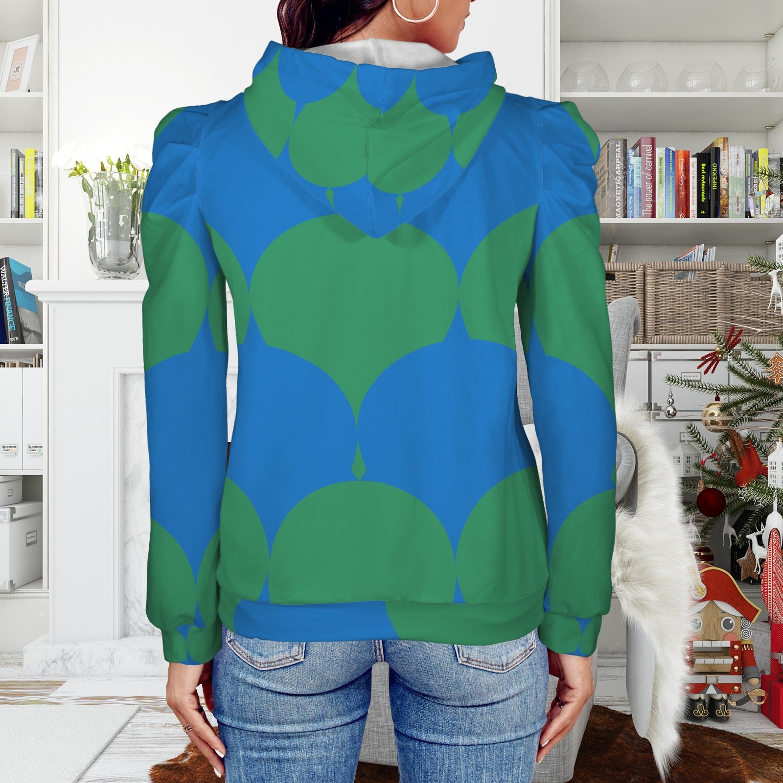 Pleated Puff Sleeve Hooded Fleece Sweatshirt Peacock Geo Print